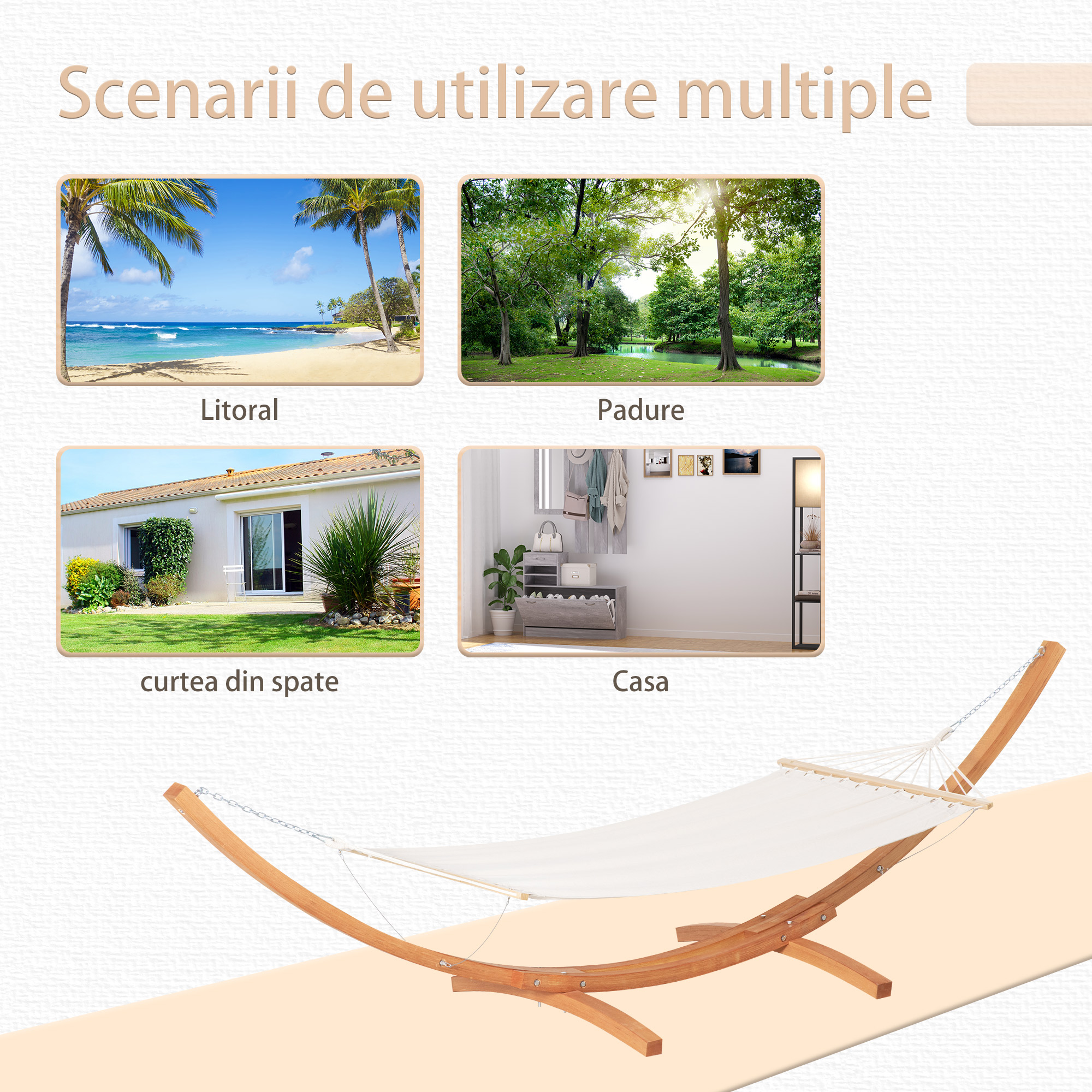 Hamac  cu Suport din Lemn si Bumbac, Hamac de Gradina pentru alte Spatii Exterioare, 392x120x102cm, Alb [6]