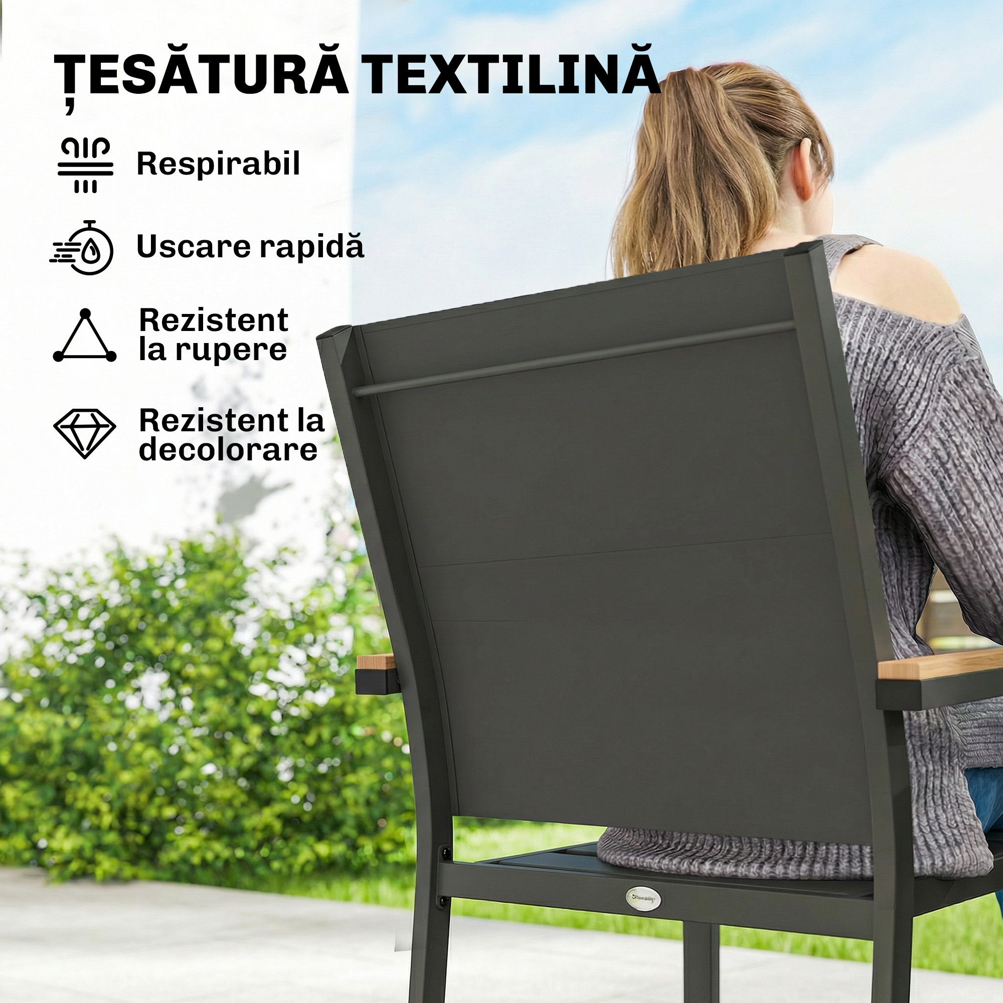  Set 2 Scaune Gradina Empilabile cu sezut si Spatar Capitonati, Gri inchis [4]