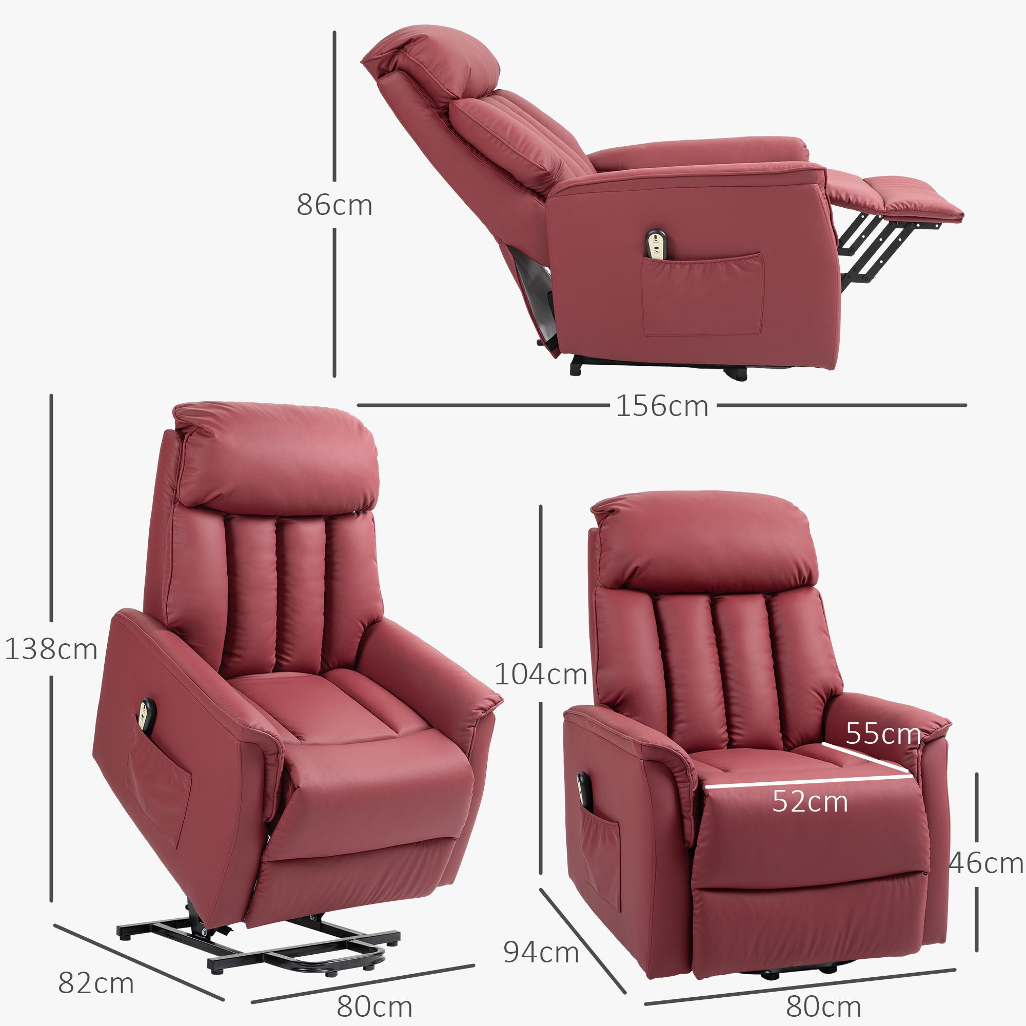  Fotoliu Relax Reclinabil cu Functie de Ridicare Electrica, Telecomanda si Suport pentru Picioare, 80x94x104cm, Rosu [2]