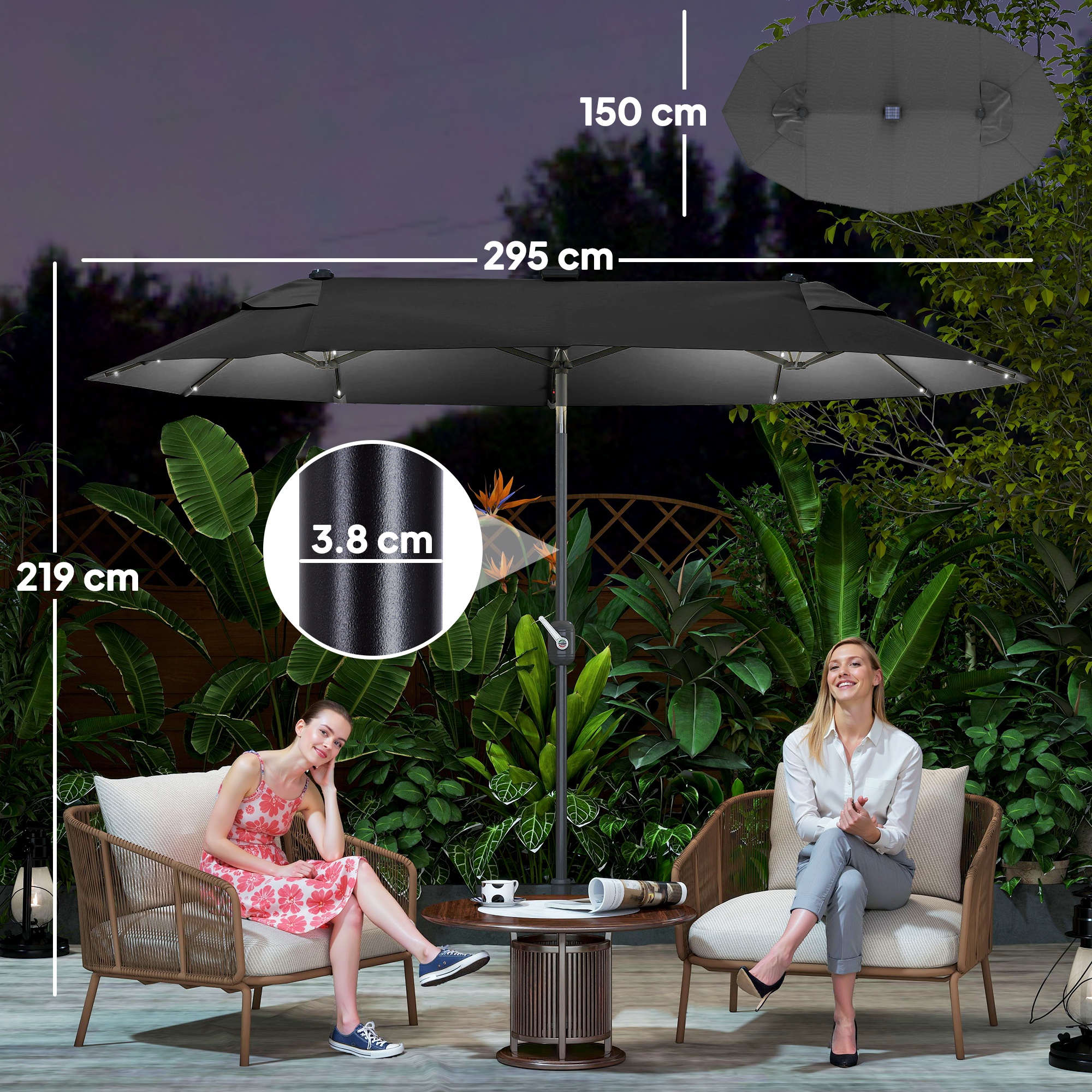  Umbrela dubla cu baza in forma de cruce si lumini solare, 295x150x219cm, gri [2]