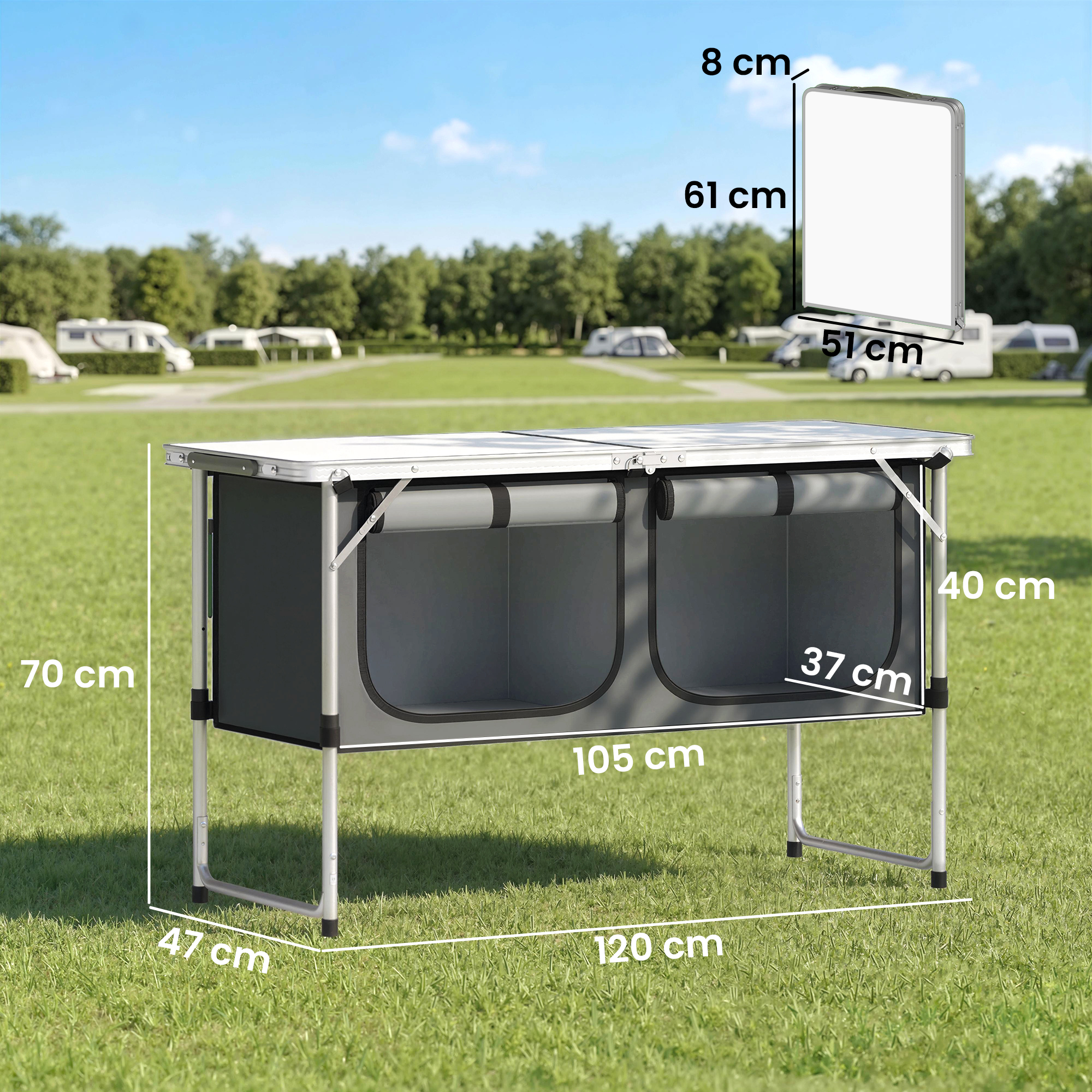  Masa de Bucatarie pentru Camping Pliabila cu Dulap din Material Oxford Cadru din Aluminiu pentru Picnic 120x47x70 cm Argintiu [2]