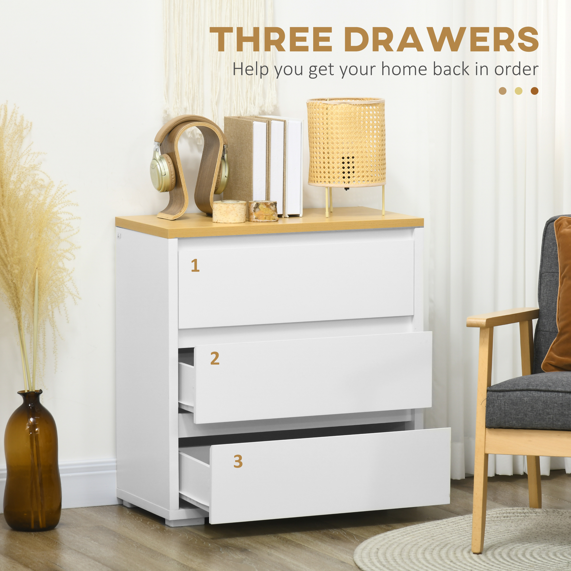  Comoda cu 3 Sertare din PAL Alb pentru Dormitor, Birou si Living, 70Lx37x75cm [4]