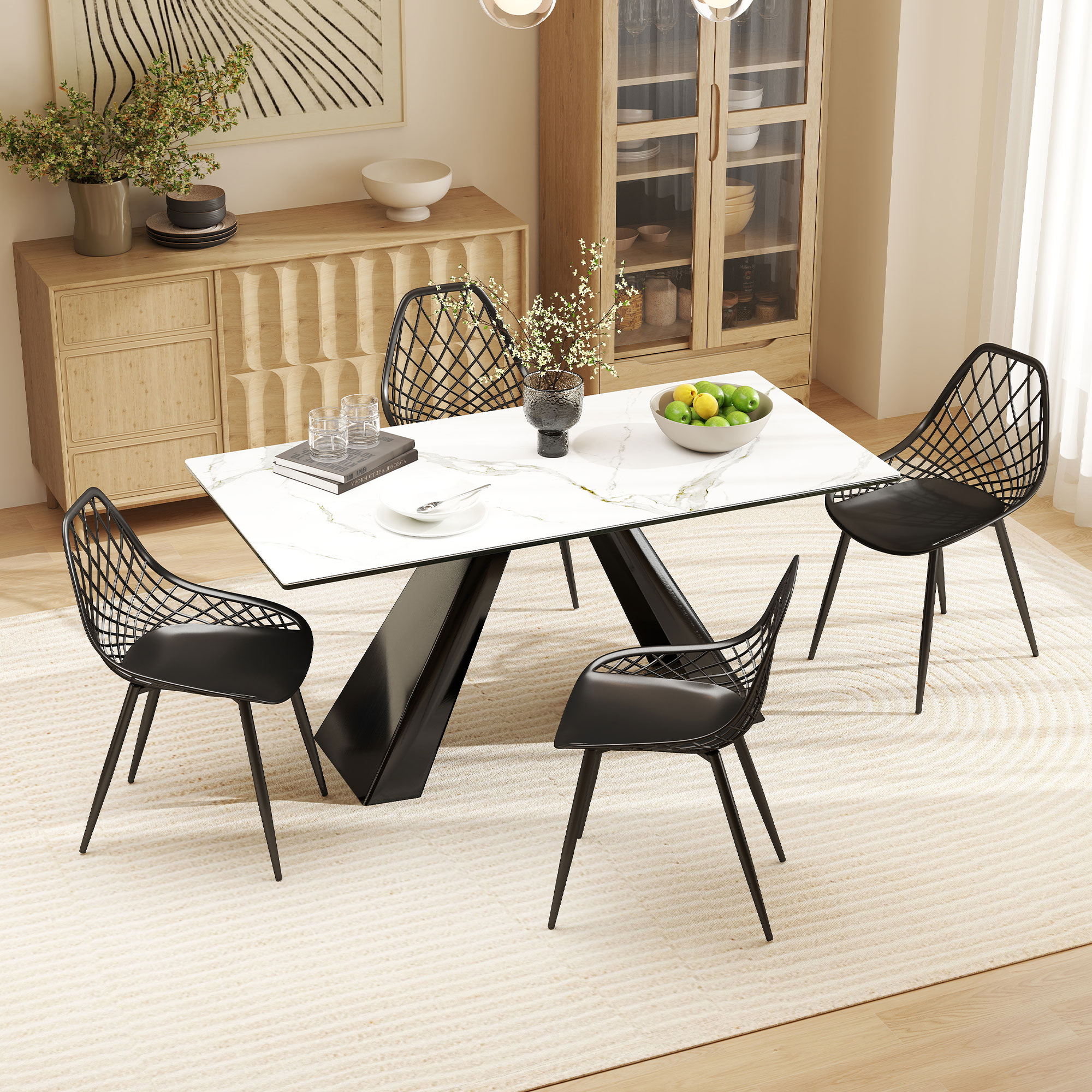  Set 4 Scaune Moderne cu Spatar Perforat Plastic si Metal Negru [7]