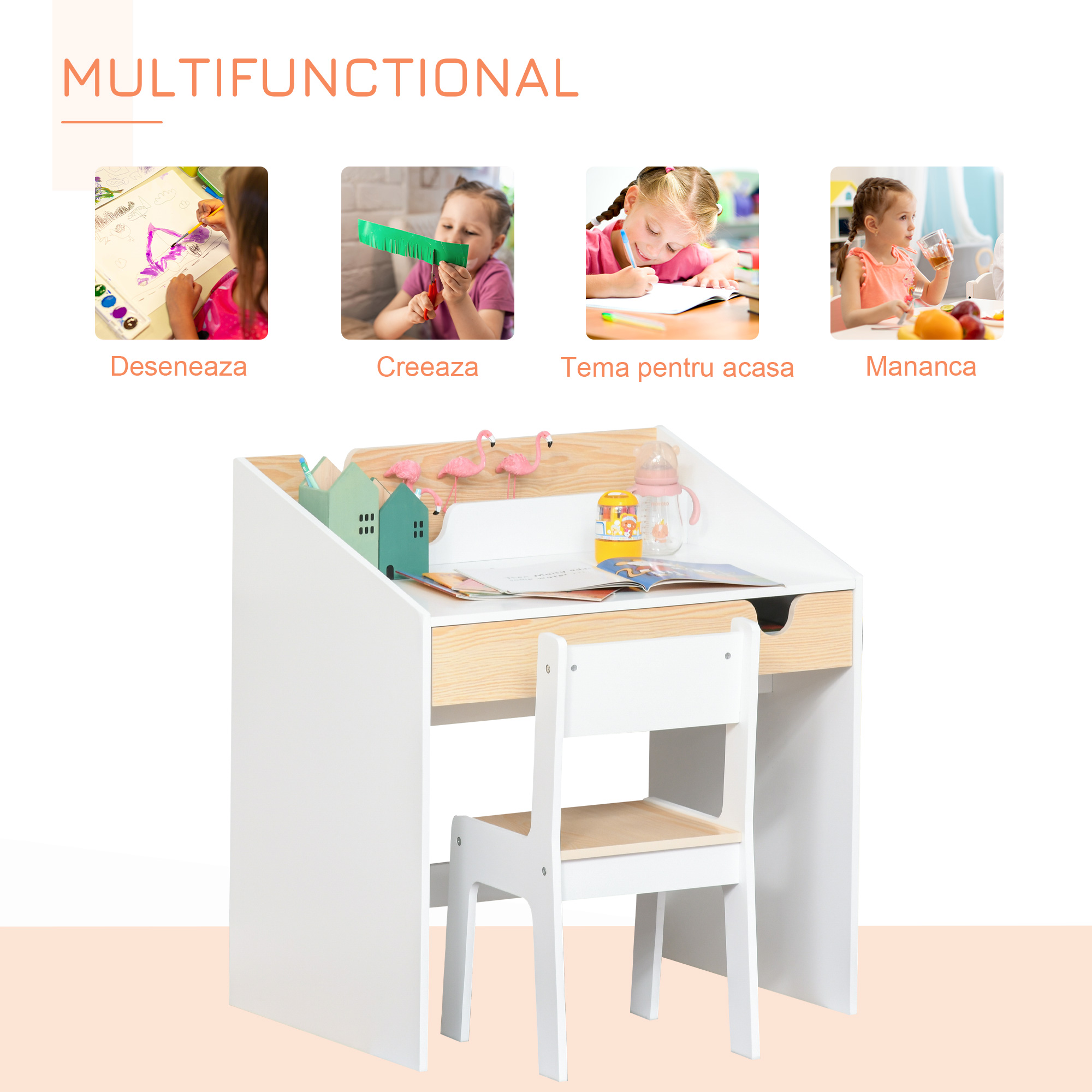  Set Birou si Scaun pentru Copii 6-10 Ani cu Raft si Sertar [4]