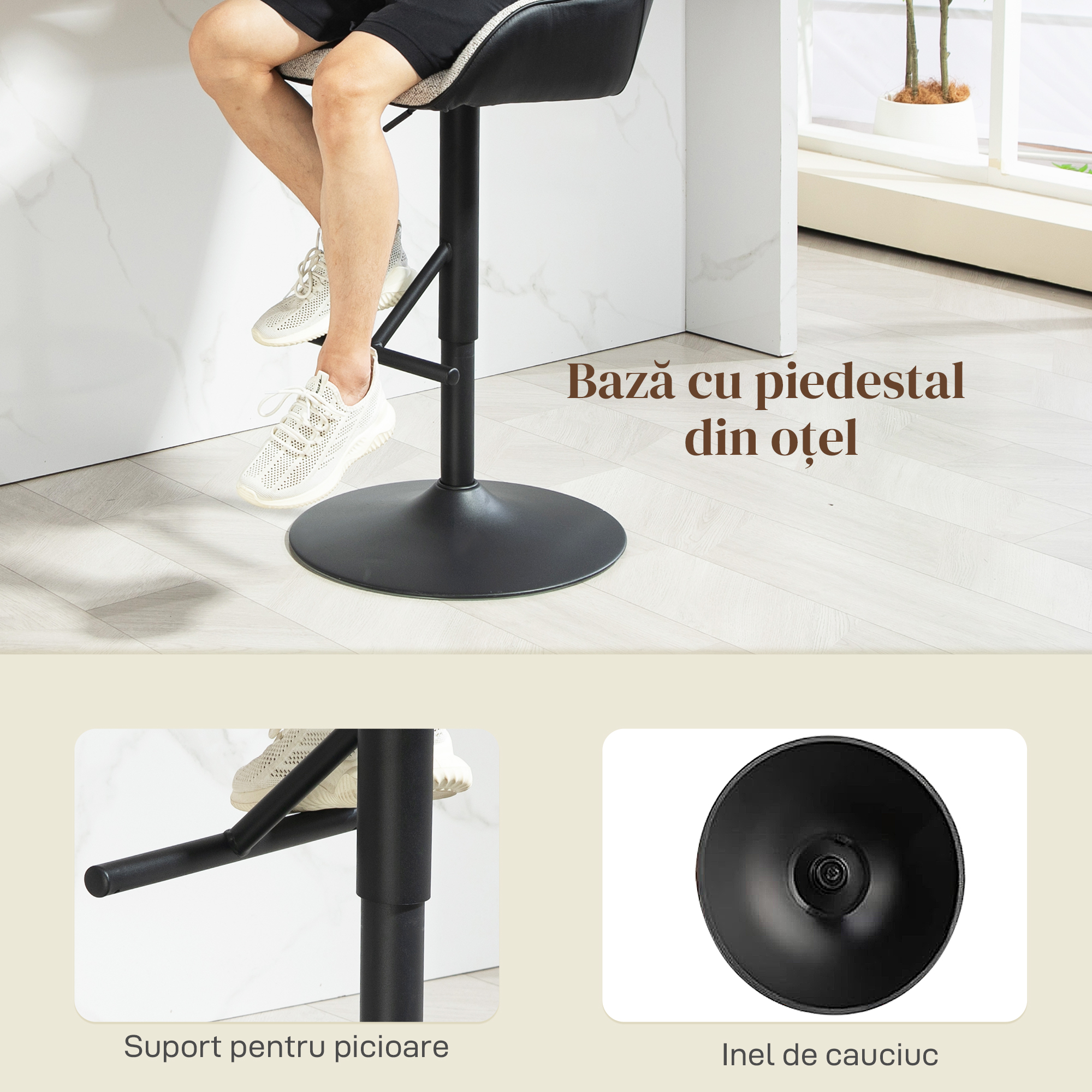  Set 2 Scaune Tapitate Reglabile pe inaltime cu Spatar si Brate, 52,5x53x86,5-108 cm, Negru si Gri Deschis [7]