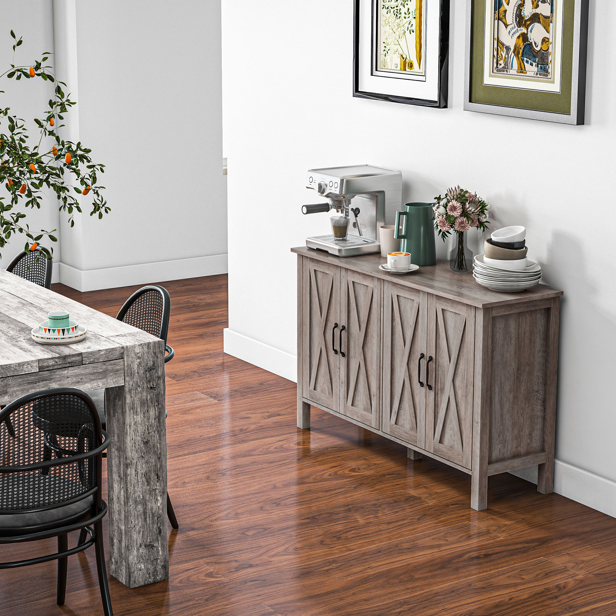  Dulap Multifunctional Stil Rustic cu 4 Rafturi Reglabile, din Lemn, 120x37x75 cm, Gri [7]