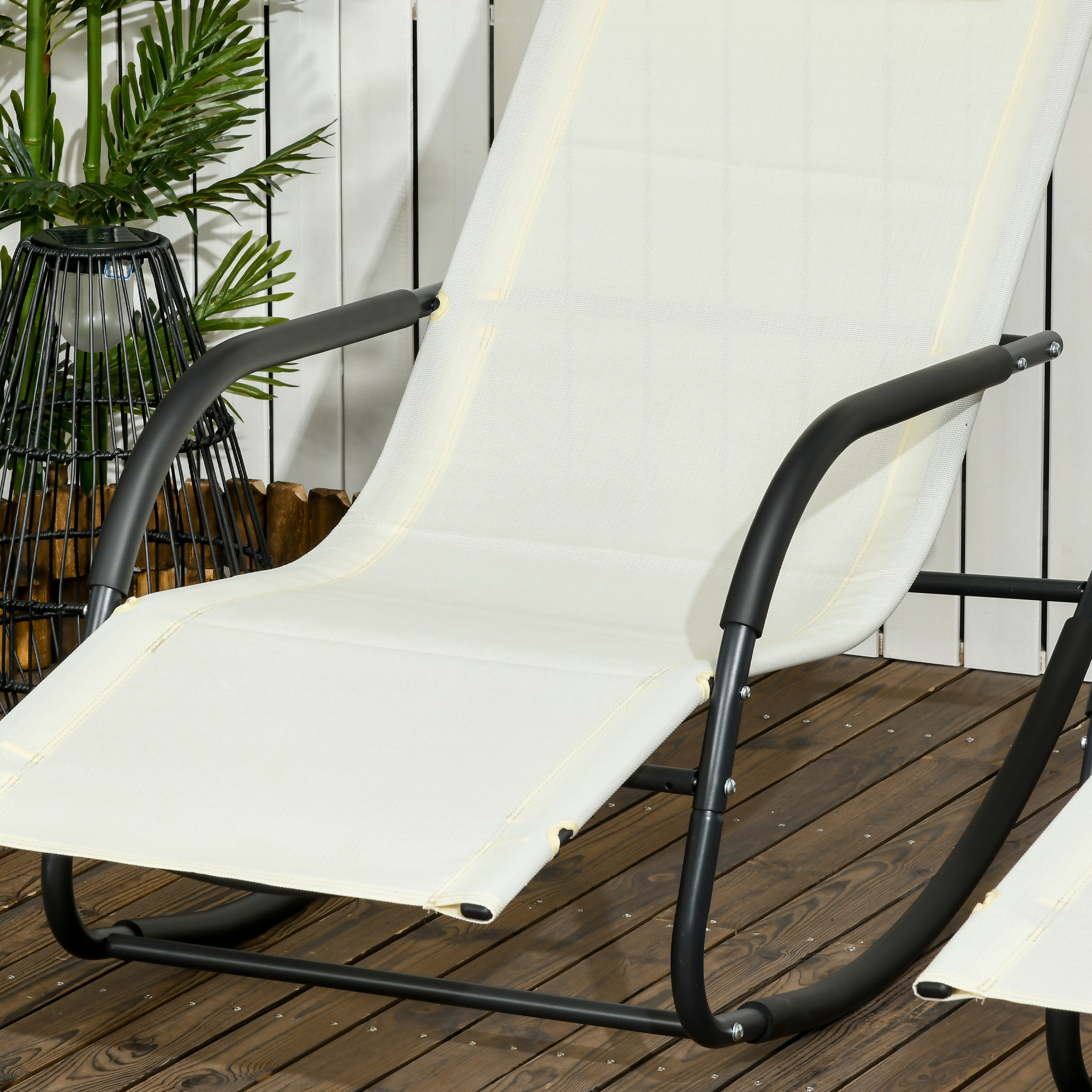  Scaun Balansoar de Gradina din Otel cu Cotiere si Tetiera Detasabile, 67x144x87 cm, Gri si Bej [6]