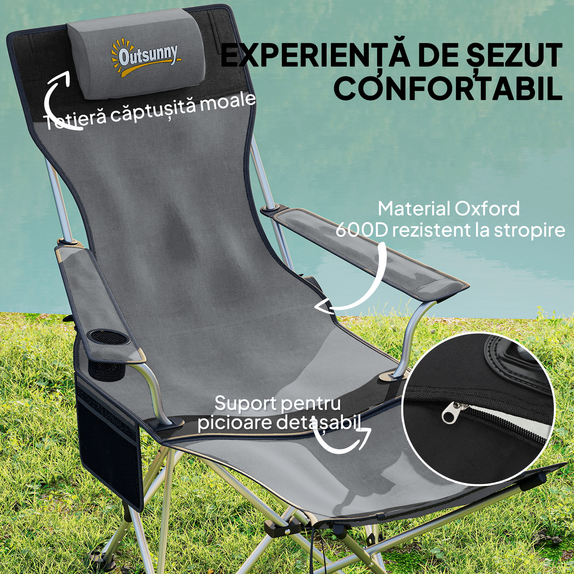  Set de 2 Scaune de Camping Pliabile cu Suport pentru Picioare Detasabil, 82x100x88 cm, Negru [3]