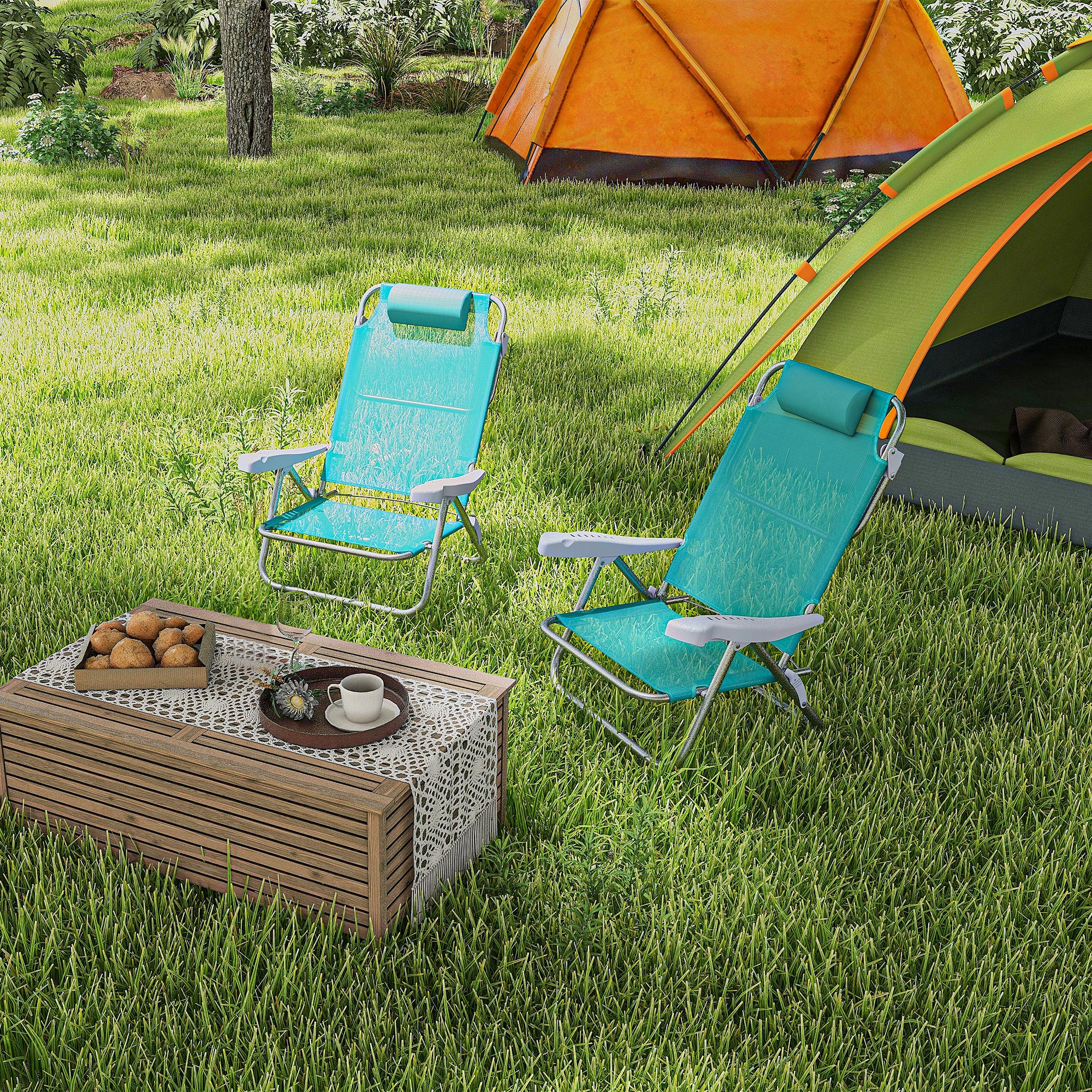  Set 2 Scaune de Camping Pliabile cu Tetiera Captusita si Spatar Reglabil in 6 Pozitii, 62x65x80 cm, Albastru [8]