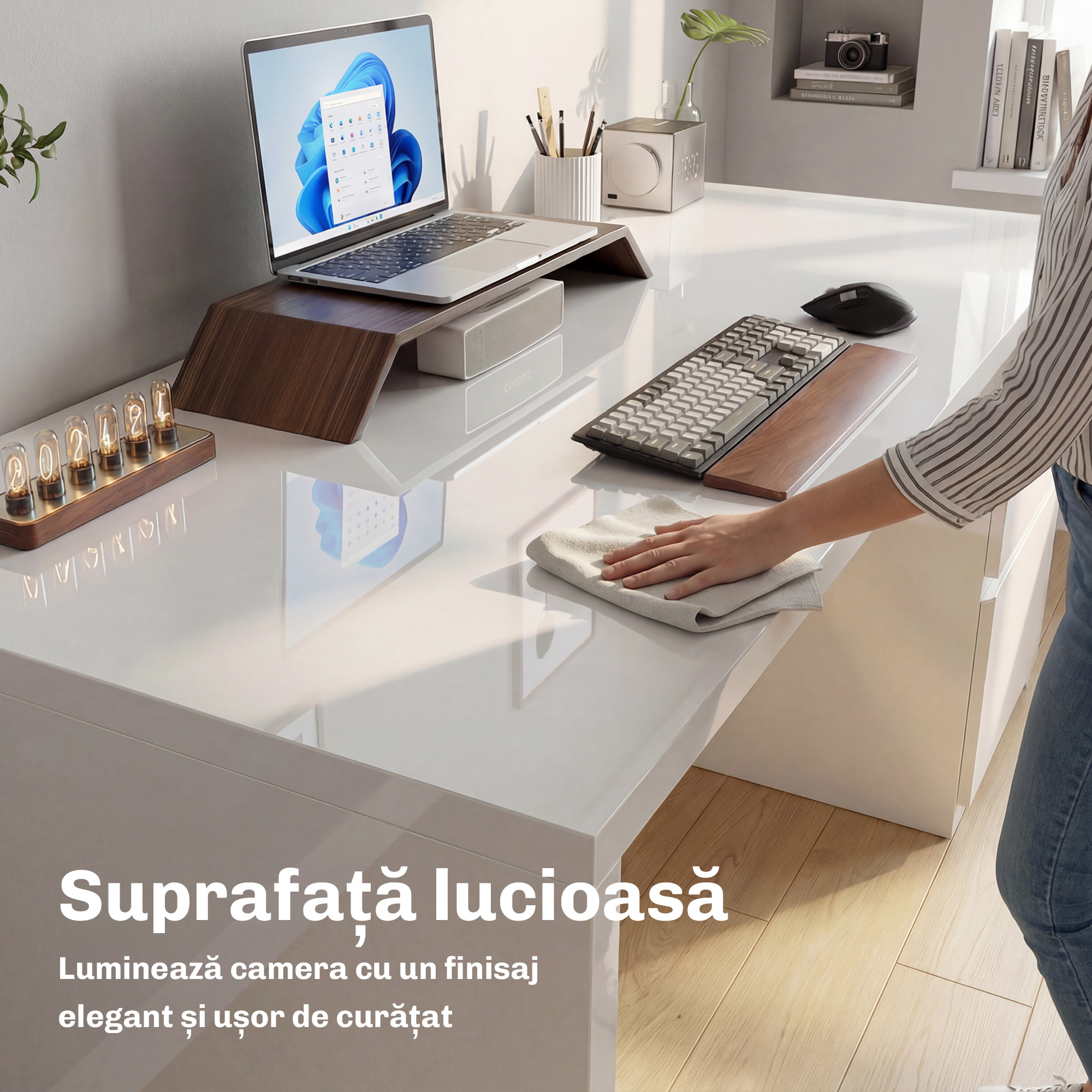  Birou Compact, 110x61.5x75 cm, Birou Modern cu 4 Sertare, Masa pentru Computer, pentru Acasa, Studiu, Camera sau Birou, Alb Lucios [5]