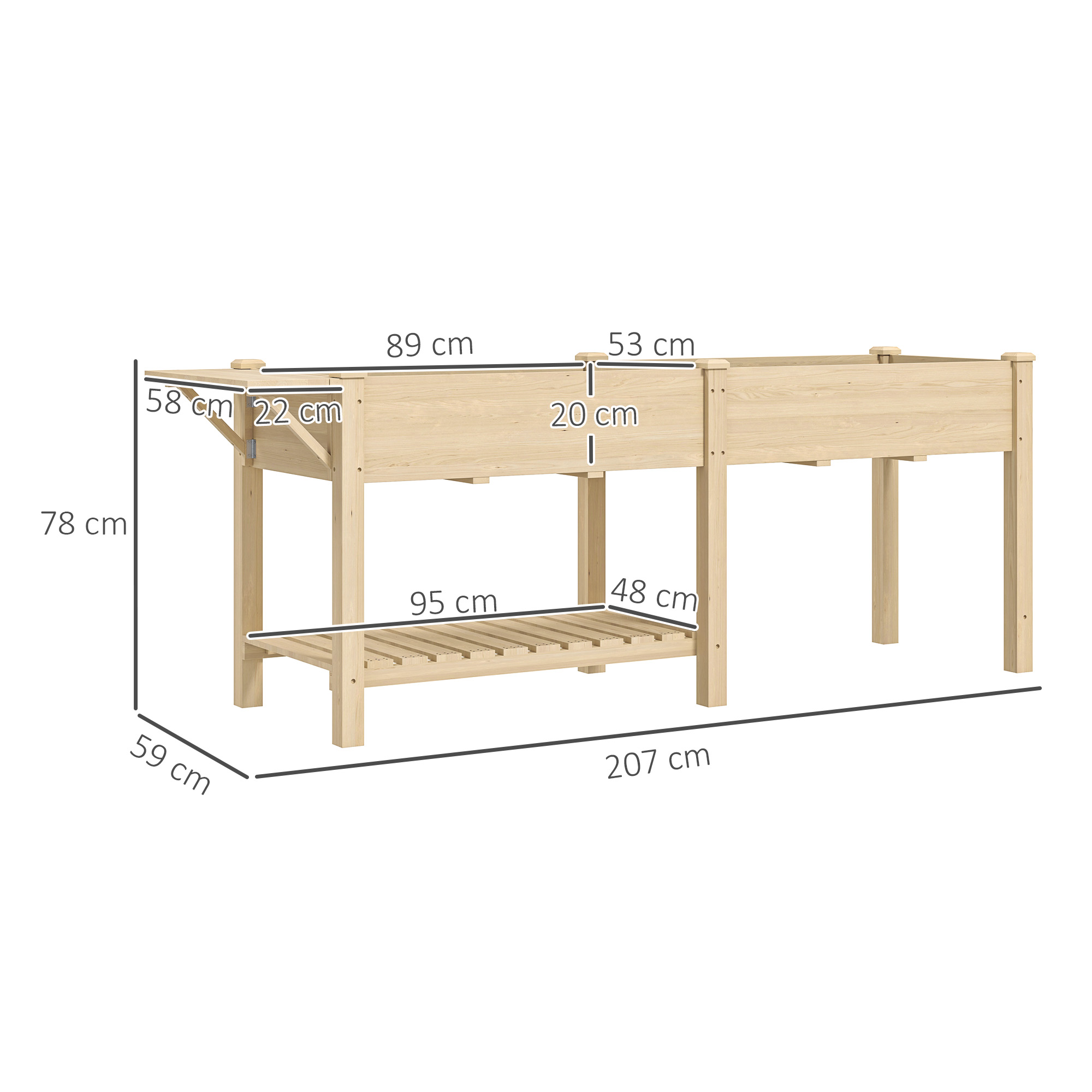  Jardiniera Ridicata cu Masuta Laterala si Raft pentru Unelte Inferior, din Lemn de Molid, 207x59x78 cm [2]