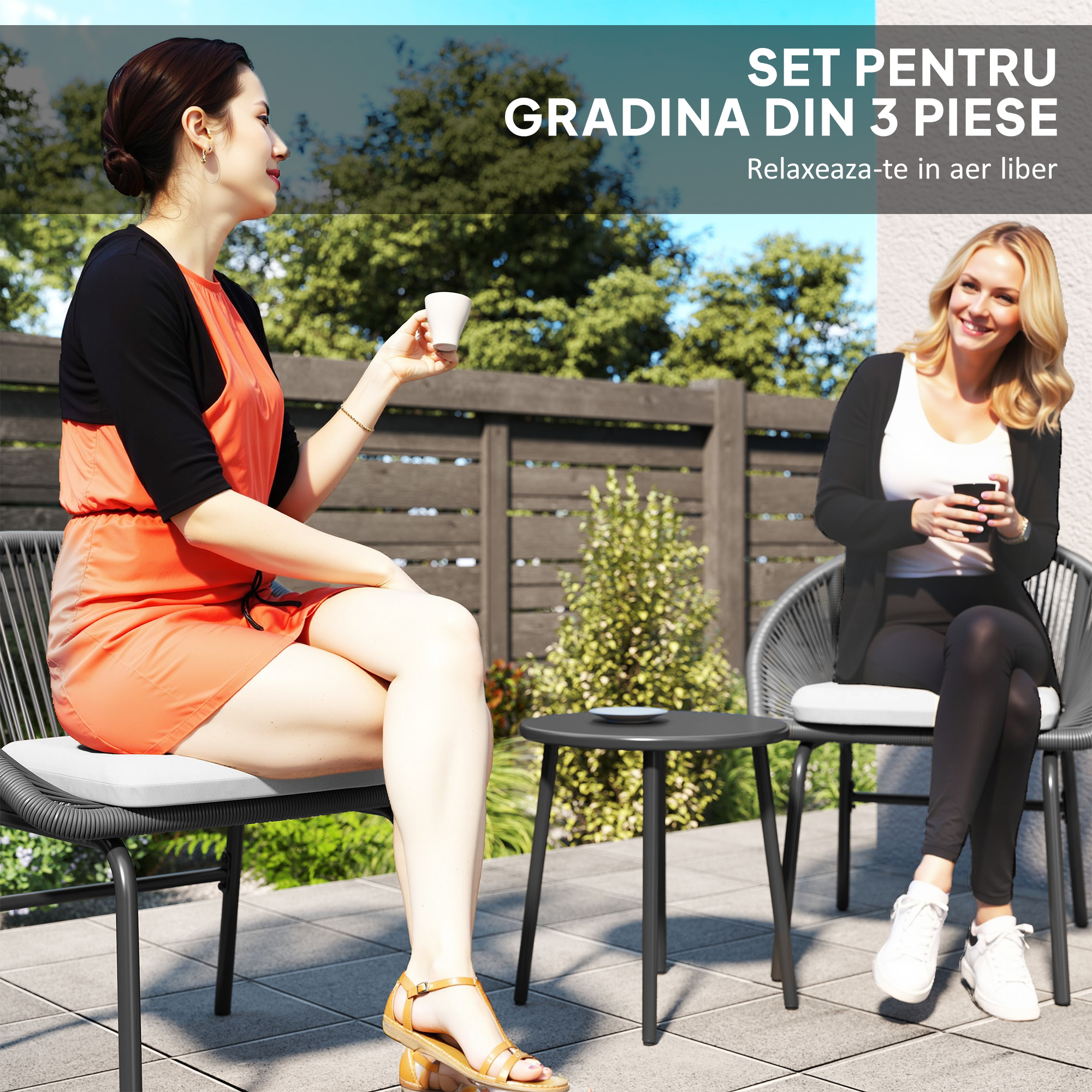 Set Bistro pentru Terasa din 3 Piese, Set cu Perne Moi pentru Sezut, Set de Mobilier din Rachita, Negru [3]