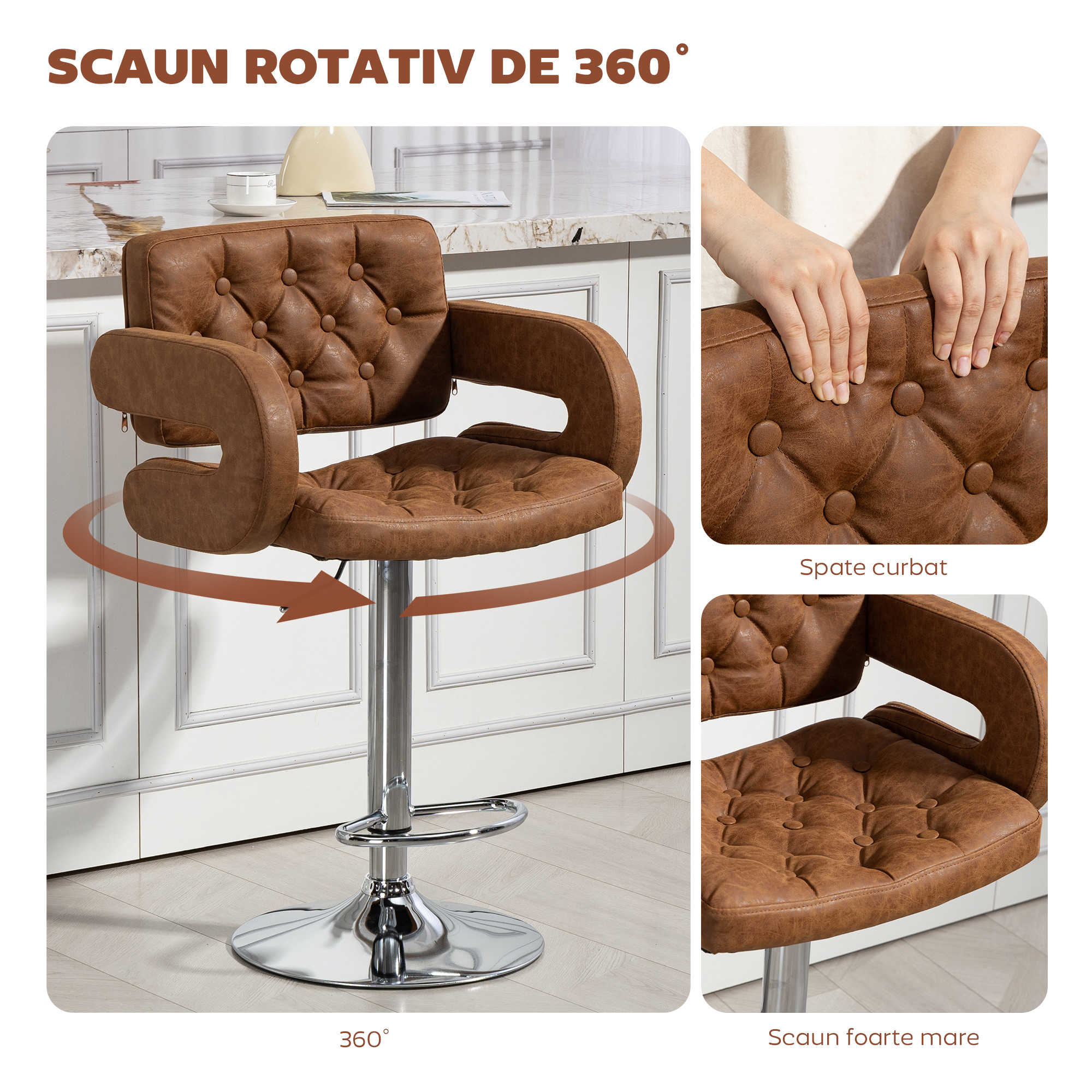  Taburet de Bar cu inaltime Reglabila, Scaun inalt din PU cu Spatar, Suport pentru Picioare, Cotiere si sezut Moale, Structura din Otel, Rotativ la 360°, pentru Bucatarie, Maro [4]