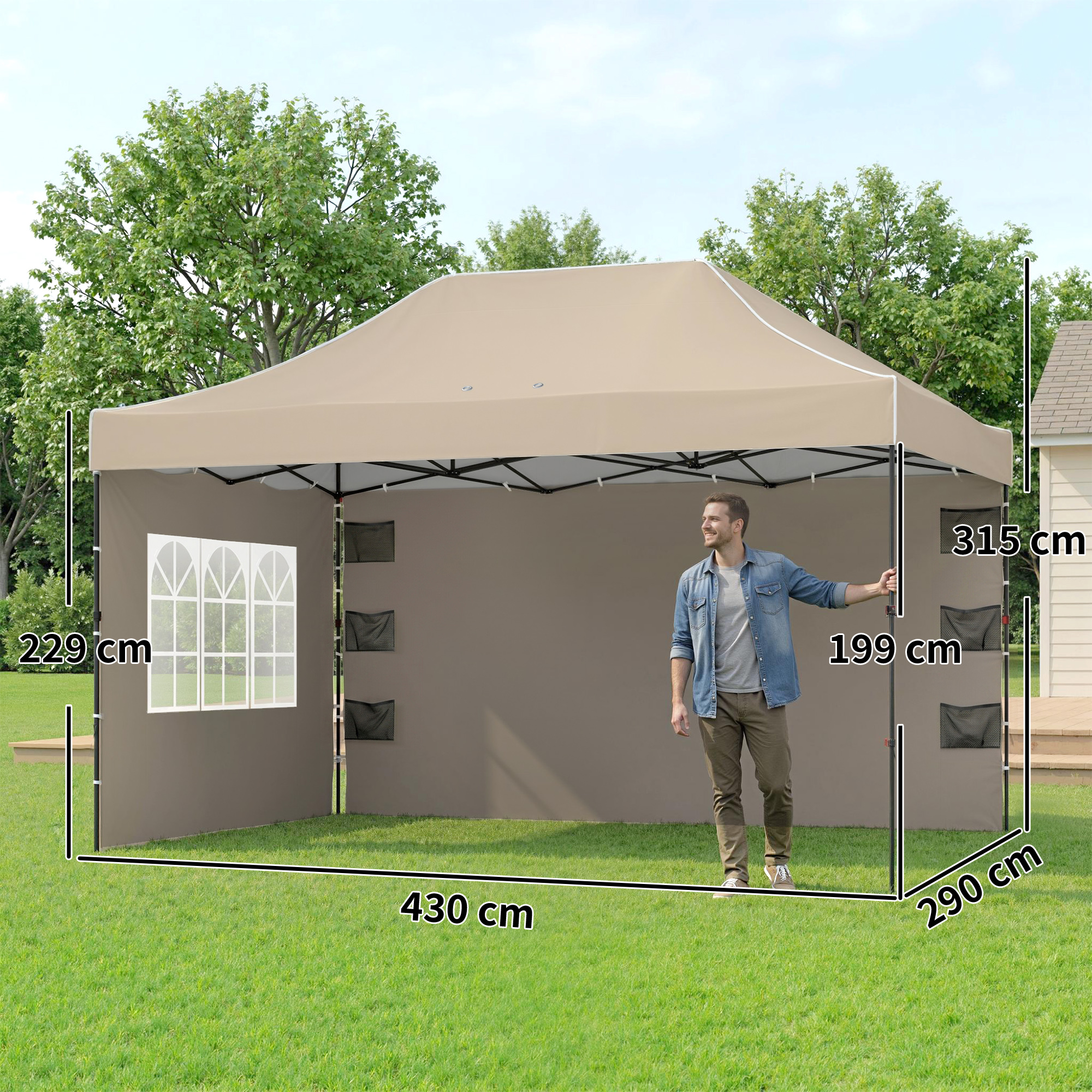 Gazebo Pop Up pliabil cu pereti laterali si ferestre, 2.9x4.3 m, din metal si tesatura Oxford, maro nisipiu [2]