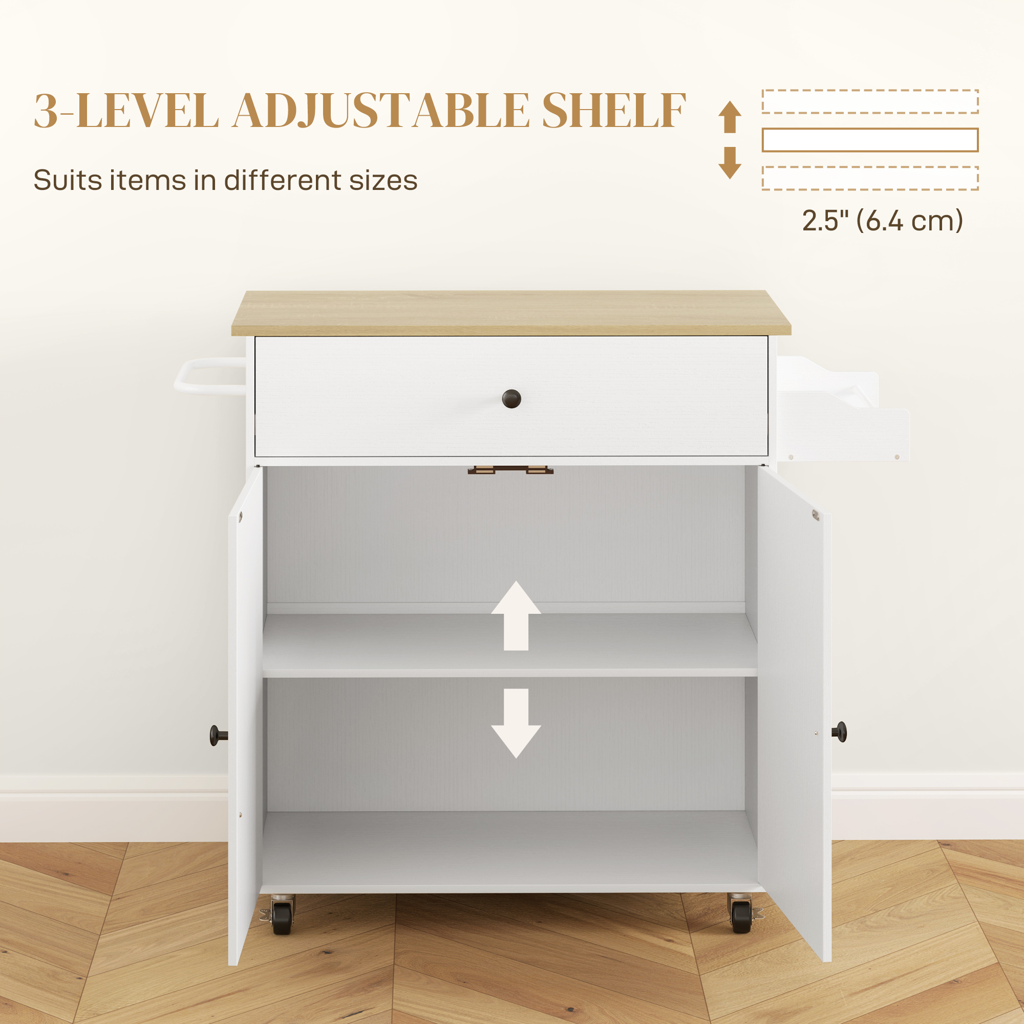  Insula de Bucatarie cu Sertar, Dulap, Suport pentru Condimente si Prosoape, 106x42x87 cm, Alb si Stejar [5]