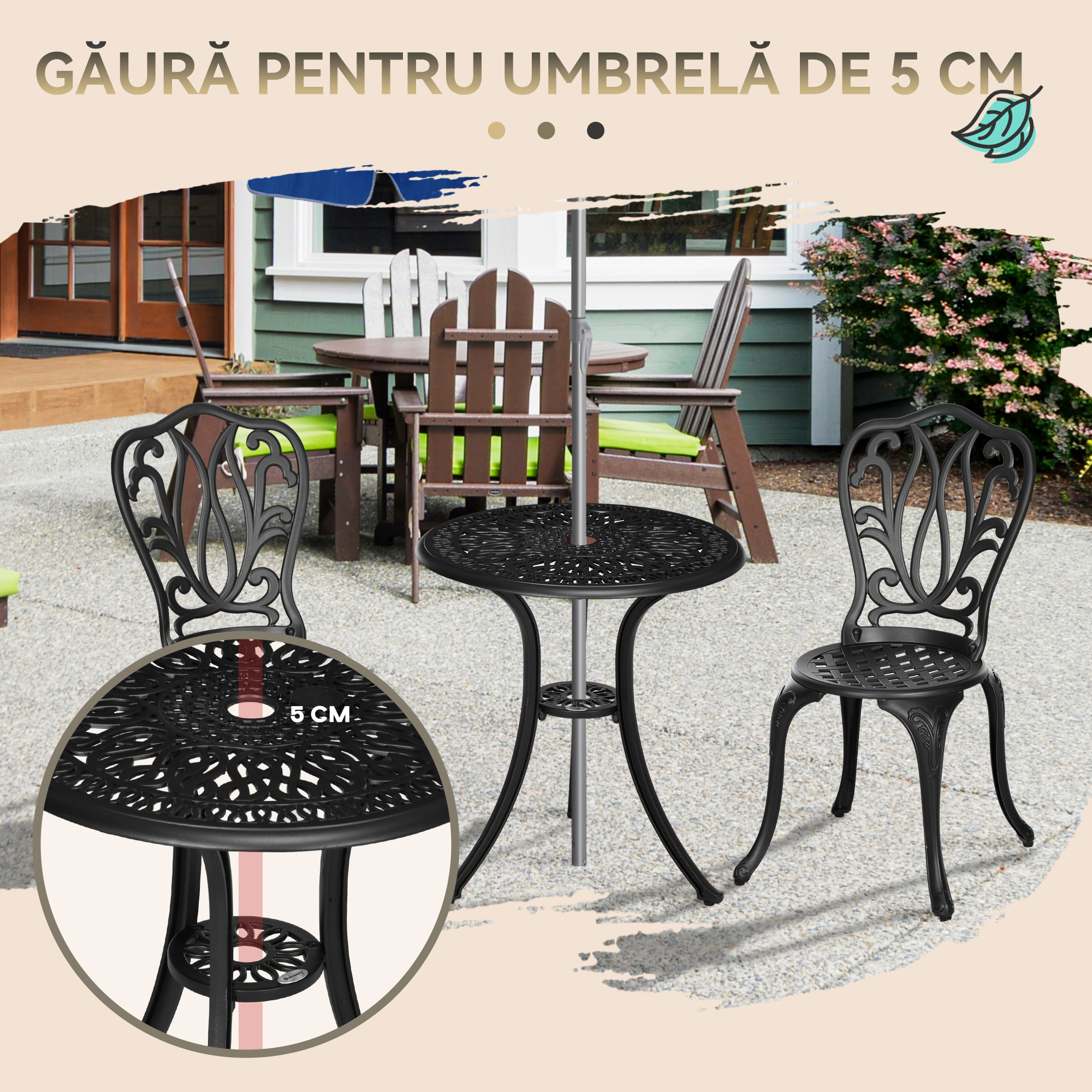  Set de Gradina Exterior, Masa Rotunda si Scaune din Aluminiu, Masa de Bistrou cu Orificiu pentru Umbrela, Mobilier pentru Terasa, Gradini, Verande, Balcoane, Langa Piscina - Negru [4]