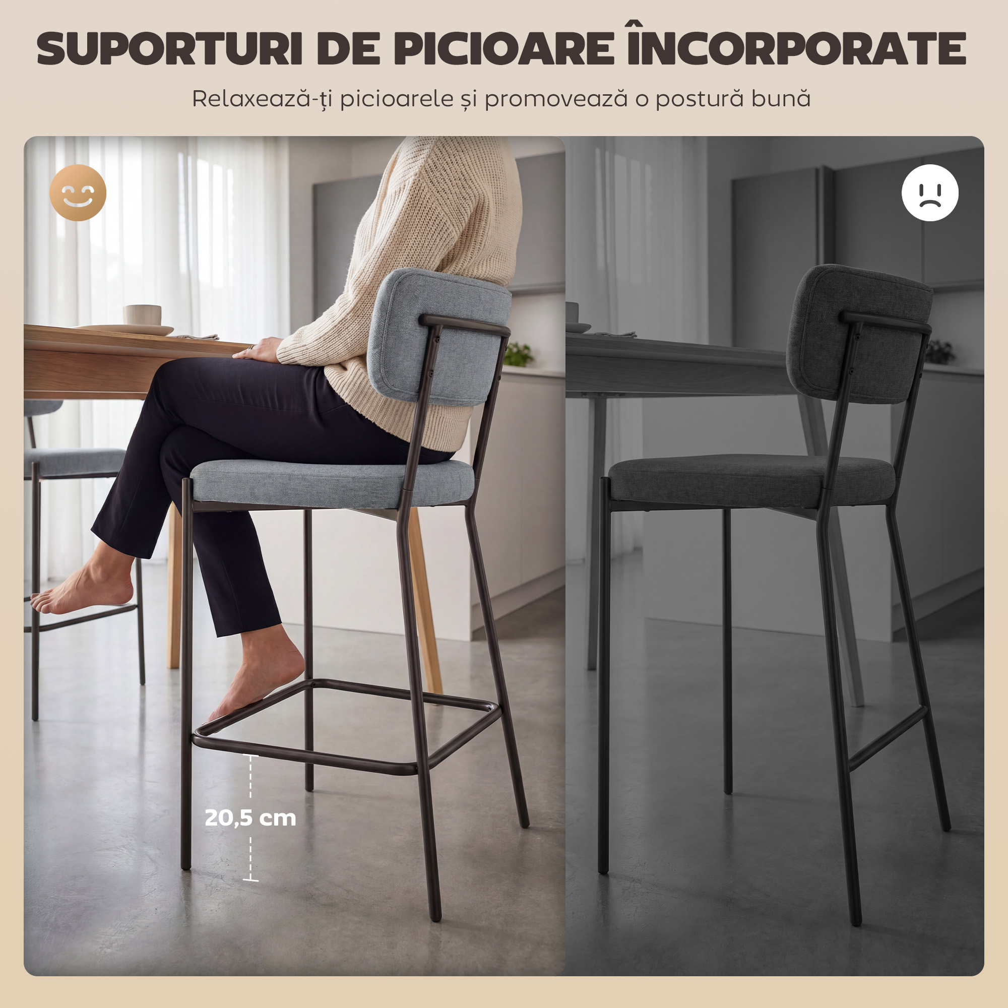  Set de 2 Scaune de Bar cu Spatar si Tapitate, Scaune inalte din material textil cu suport pentru picioare integrat si structura din metal usor de montat, Scaune pentru bucatarie si living, Gri deschi [6]