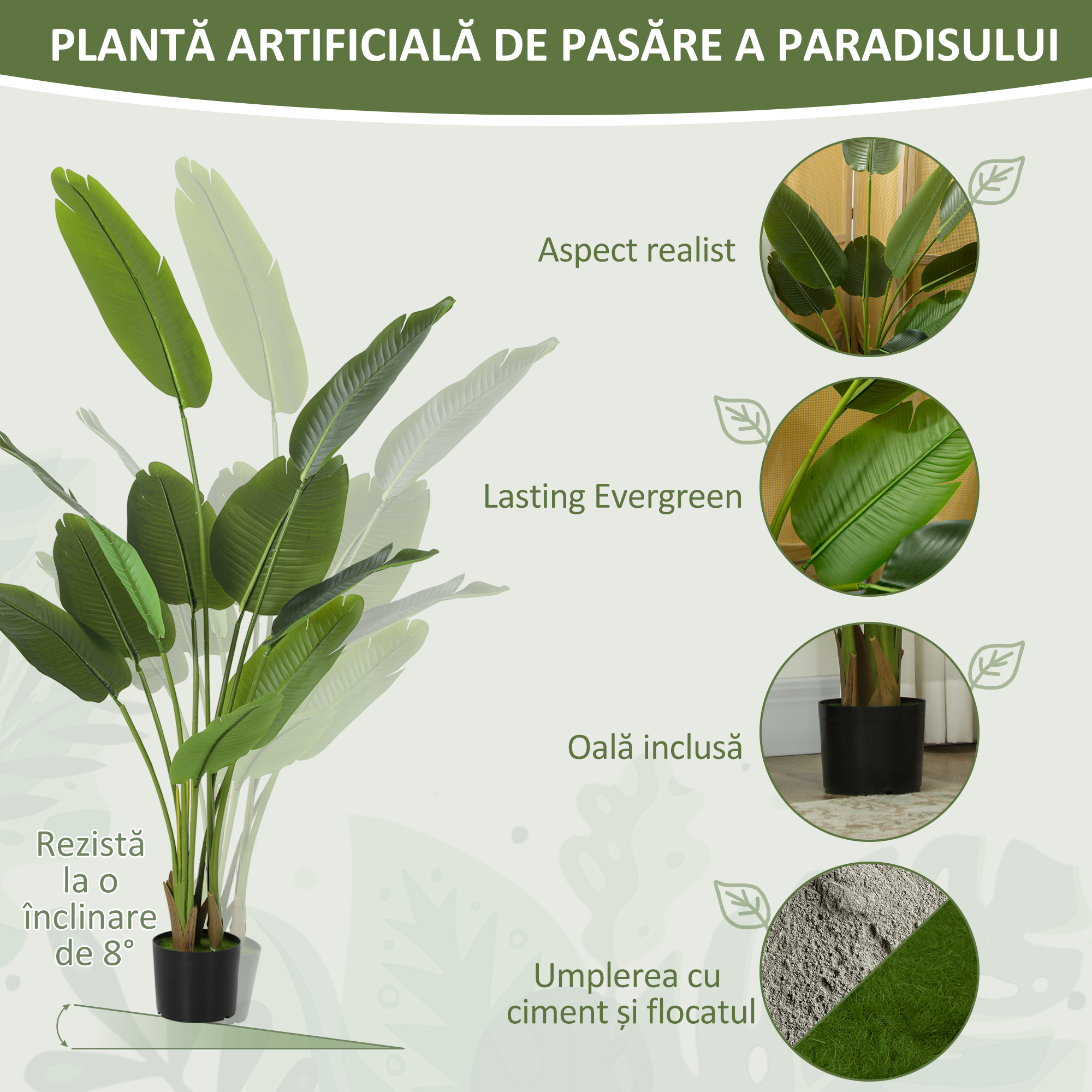 Planta Artificiala  de 160 cm cu 10 Frunze Verzi din PEVA si Vas de Ø16.5x13.5 cm [3]