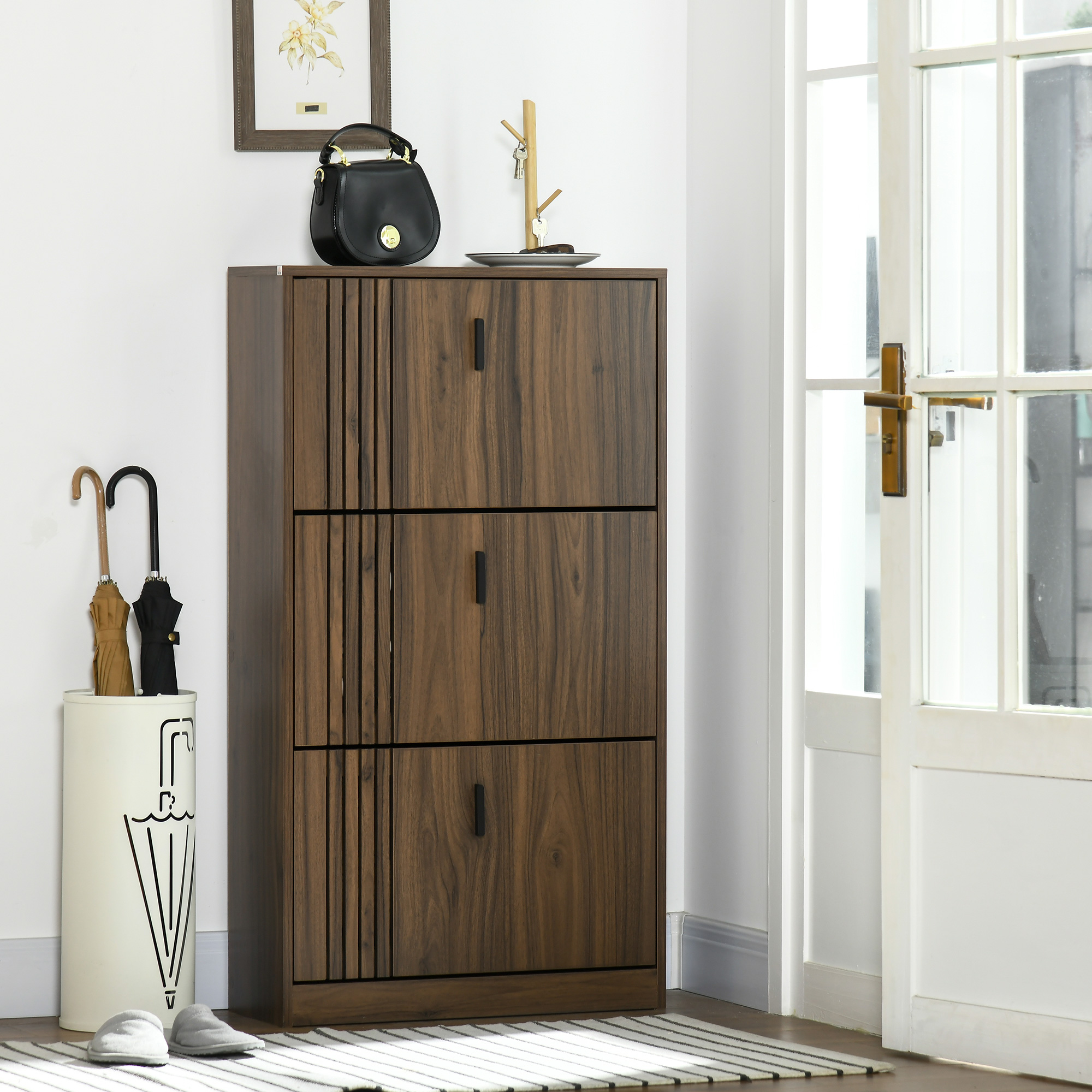  Dulap pentru Pantofi, Organizator de Pantofi cu 3 Sertare si Rafturi Reglabile pentru 18 Perechi, 63x24x114 cm, Nuc [1]