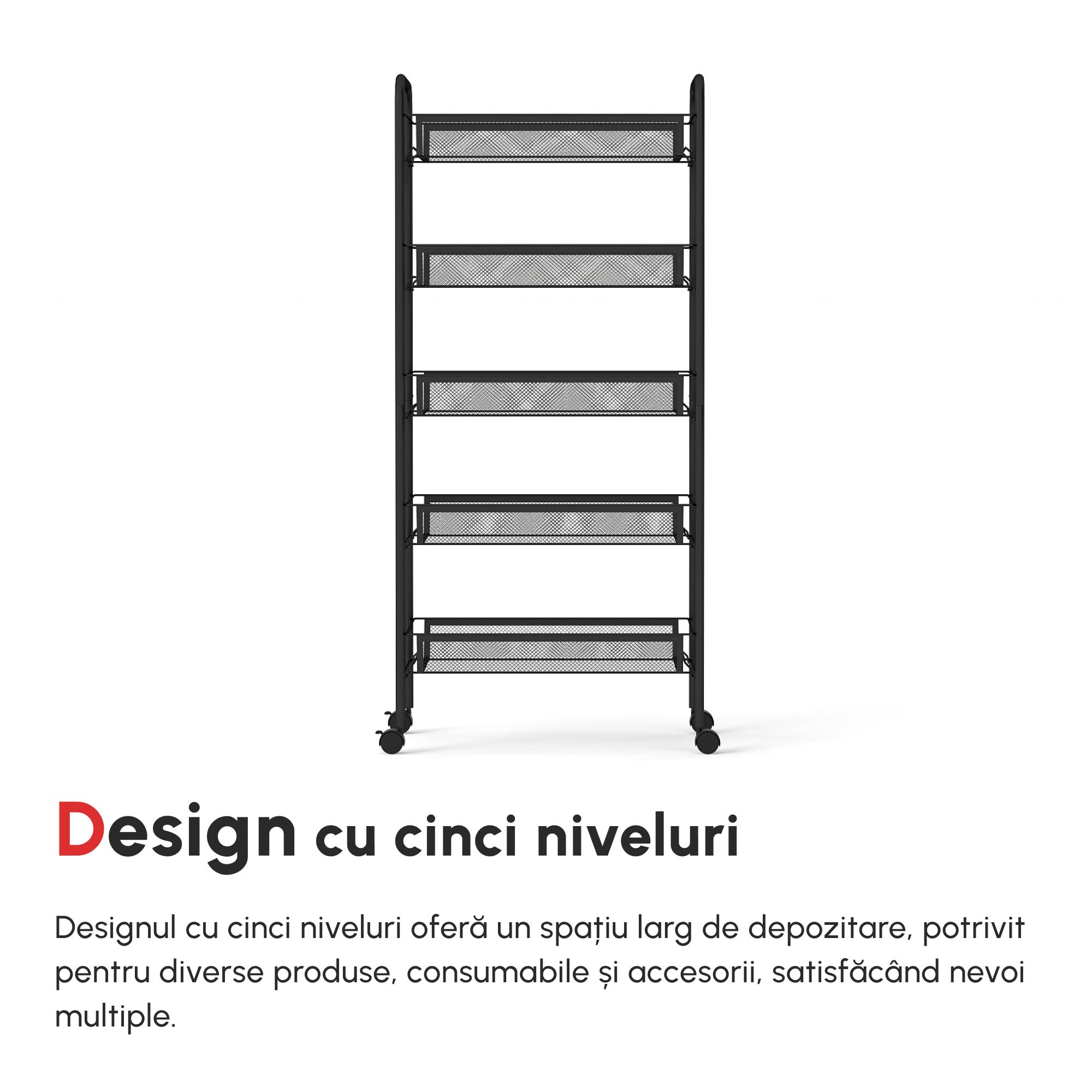  Carucior de bucatarie pe 5 niveluri cu cosuri din plasa, carucior de depozitare pentru sufragerie si dormitor din otel, 45x26,5x106cm, negru [6]