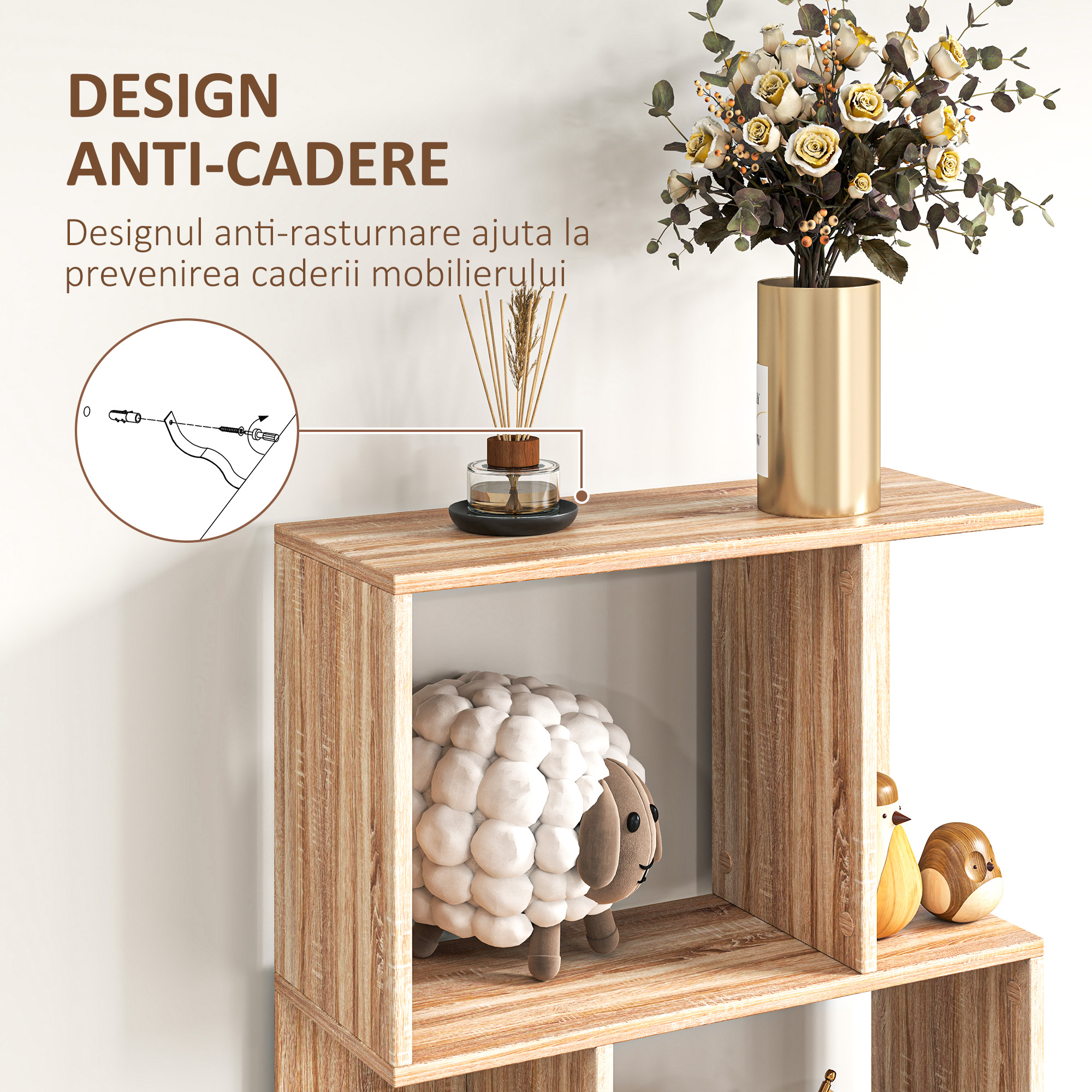  Biblioteca din lemn cu 5 rafturi si separator, 60x24x184,5 cm, culoare lemn [5]