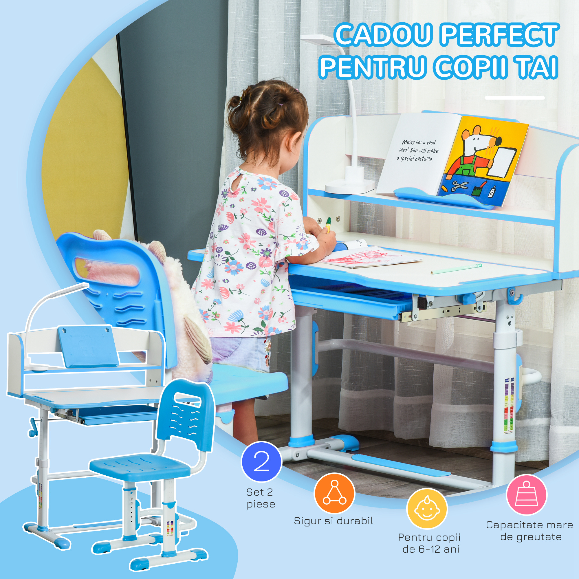  Set Masa si Scaun pentru Copii 6-12 Ani Reglabile pe inaltime si Blat inclinabil 45°, 80x54,5x82-104 cm, Albastru [3]