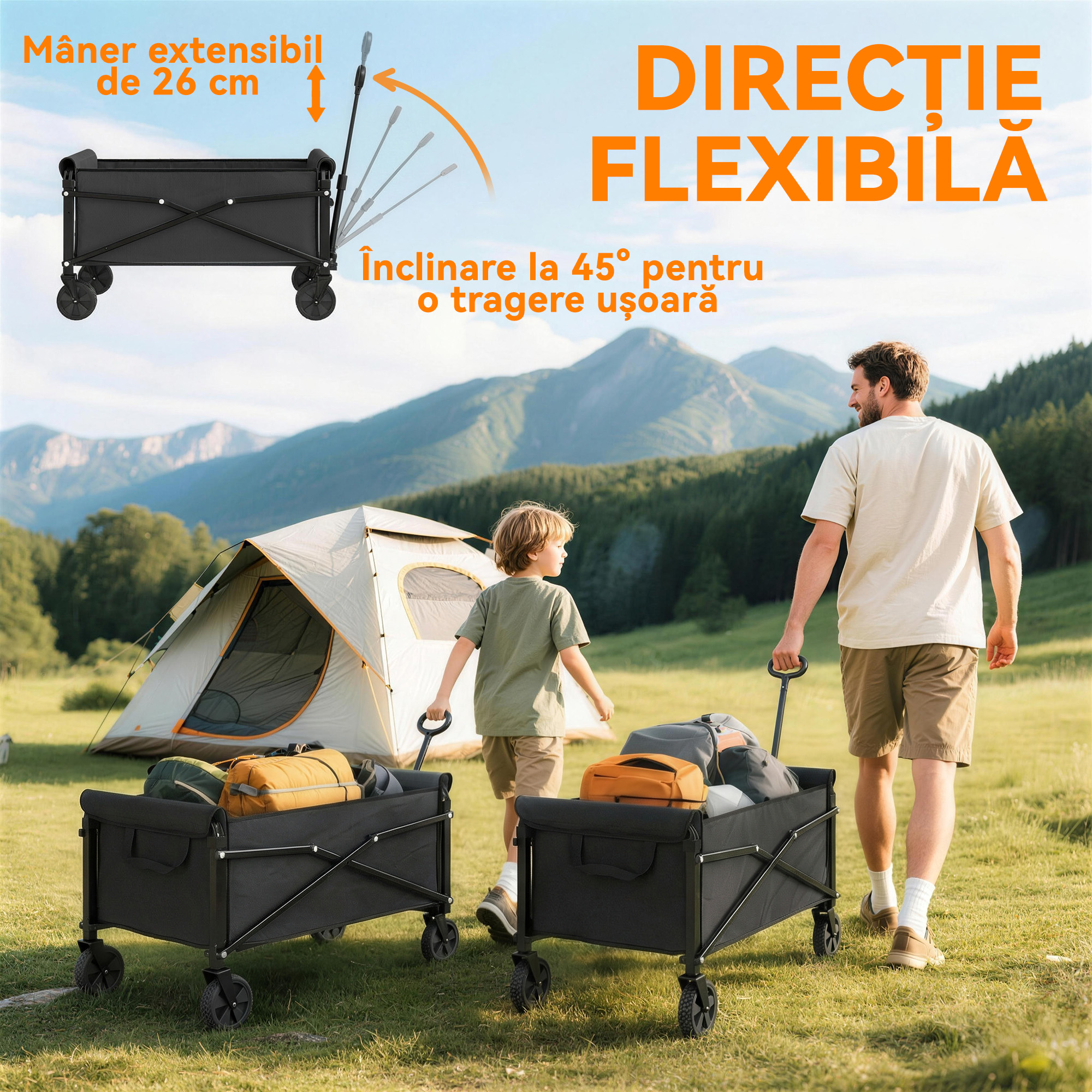  Carucior de Gradina 80L Pliabil cu Maner Reglabil, din Metal si tesatura Oxford, 78x47.5x92 cm, Negru [4]