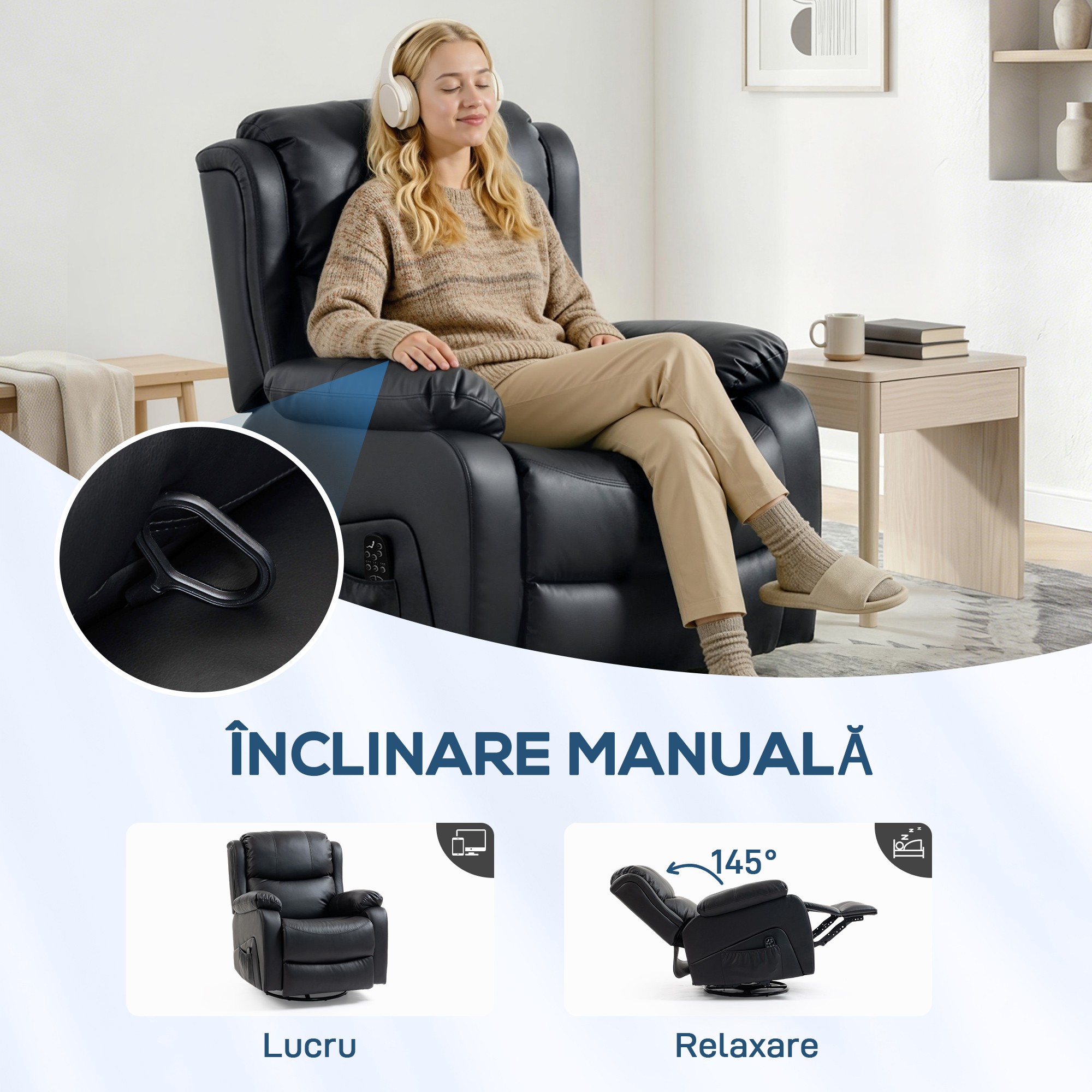  Fotoliu Relax Rabatabil cu 8 Puncte de Masaj, incalzire si Suport pentru Picioare, 87x97X100 cm, Negru [4]