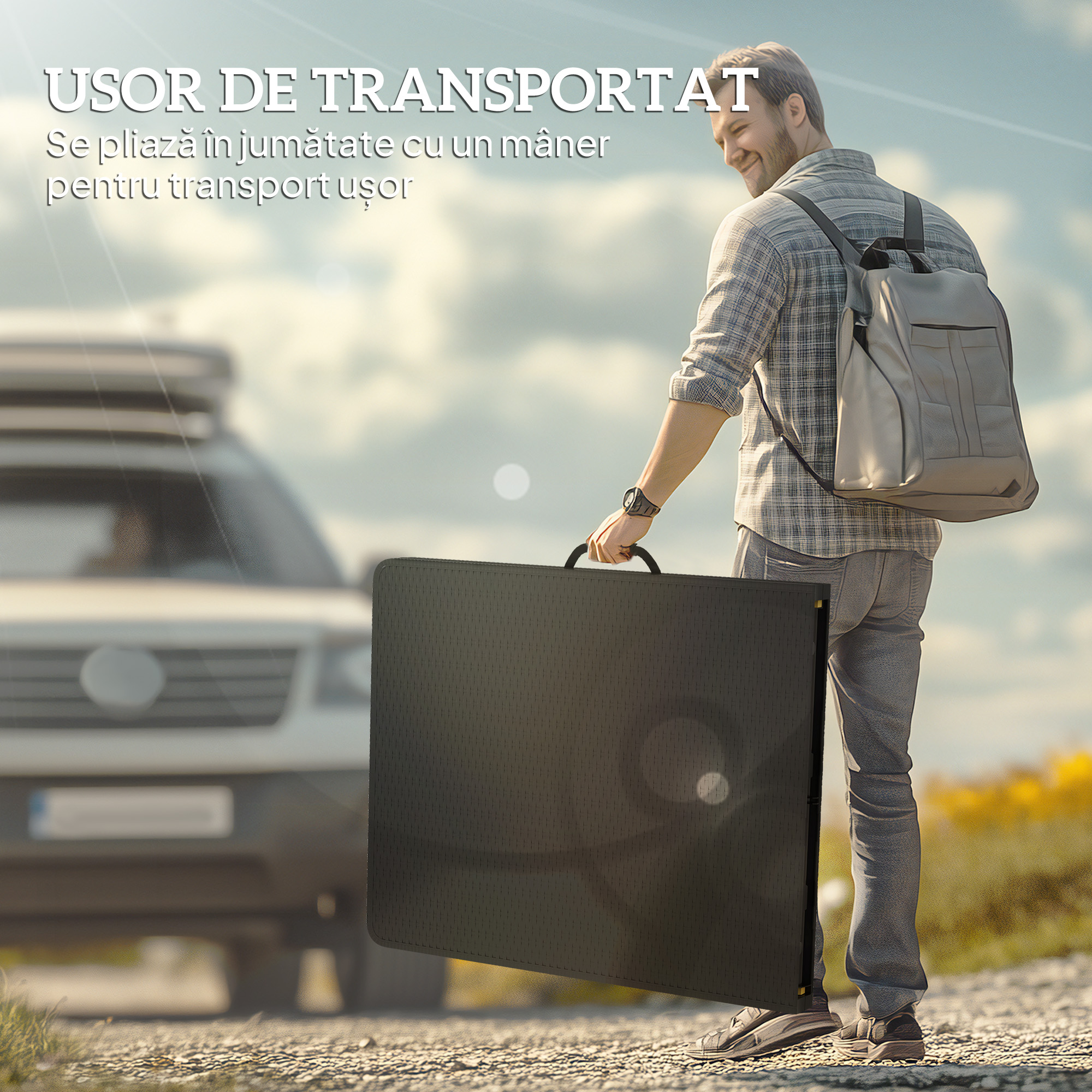  Set Masa de Camping Pliabila cu 2 Scaune si Manere din HDPE si Metal, 180x74x74 cm, Negru [5]