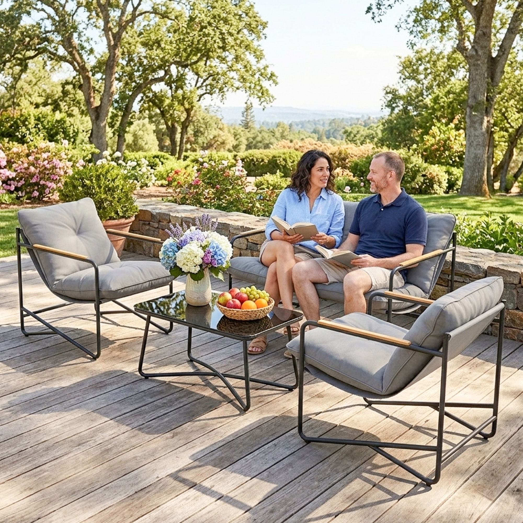 Set de Gradina  cu Canapea, 2 Fotolii si Masuta cu Blat din Sticla, Mobilier de Exterior cu Perne Groase, Gri Deschis [7]