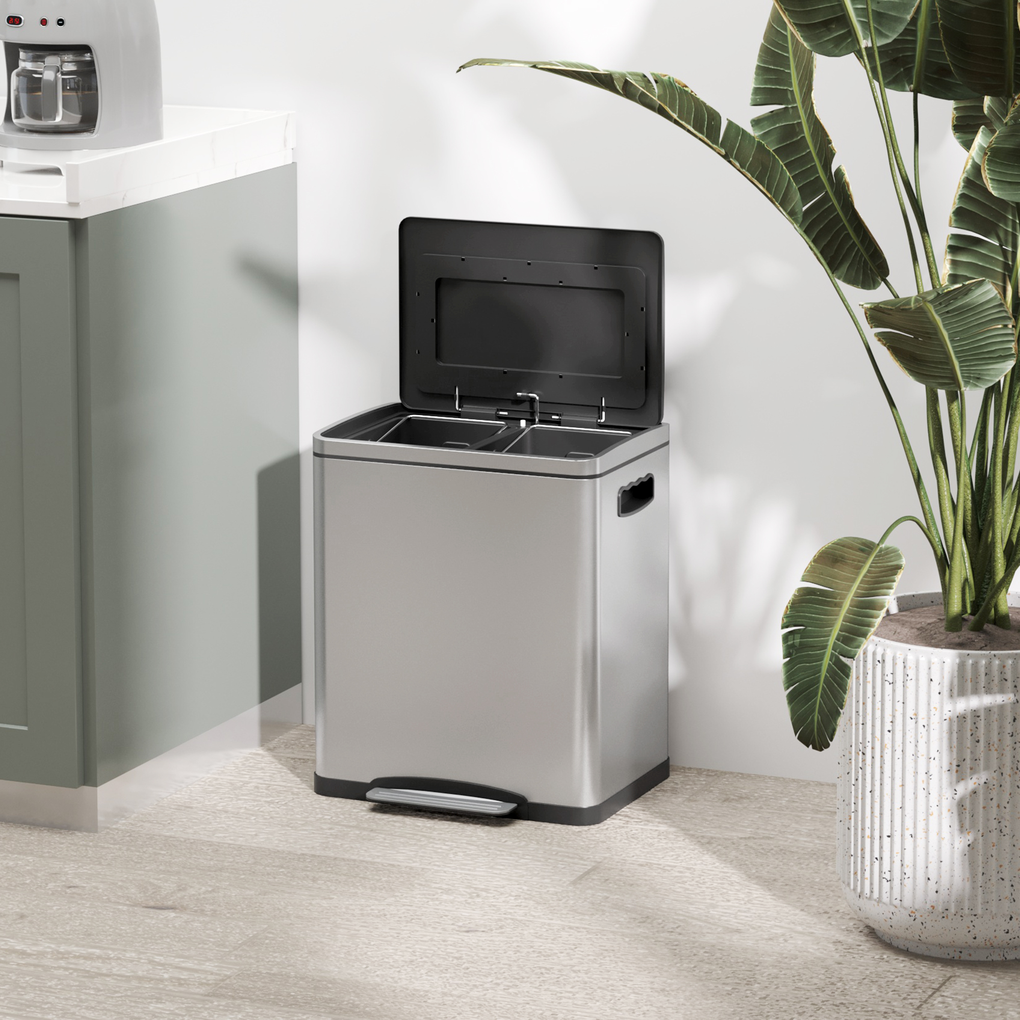  Cos de Gunoi cu 2 Sectiuni de 15L cu Pedala si Capac cu inchidere Lina, 40x34,8x47,5 cm, Argintiu [7]