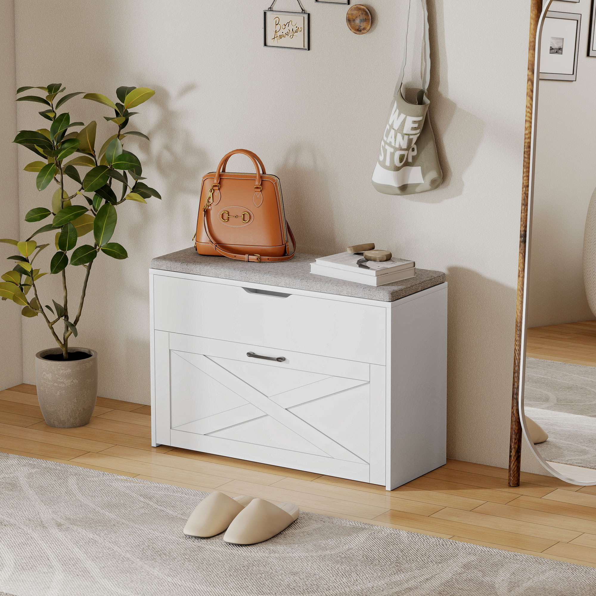  Banca pentru Pantofi cu Sertar Rabatabil si Compartiment de Depozitare, Capacitate 8 Perechi de Pantofi, 80x30x55 cm, Alb [8]