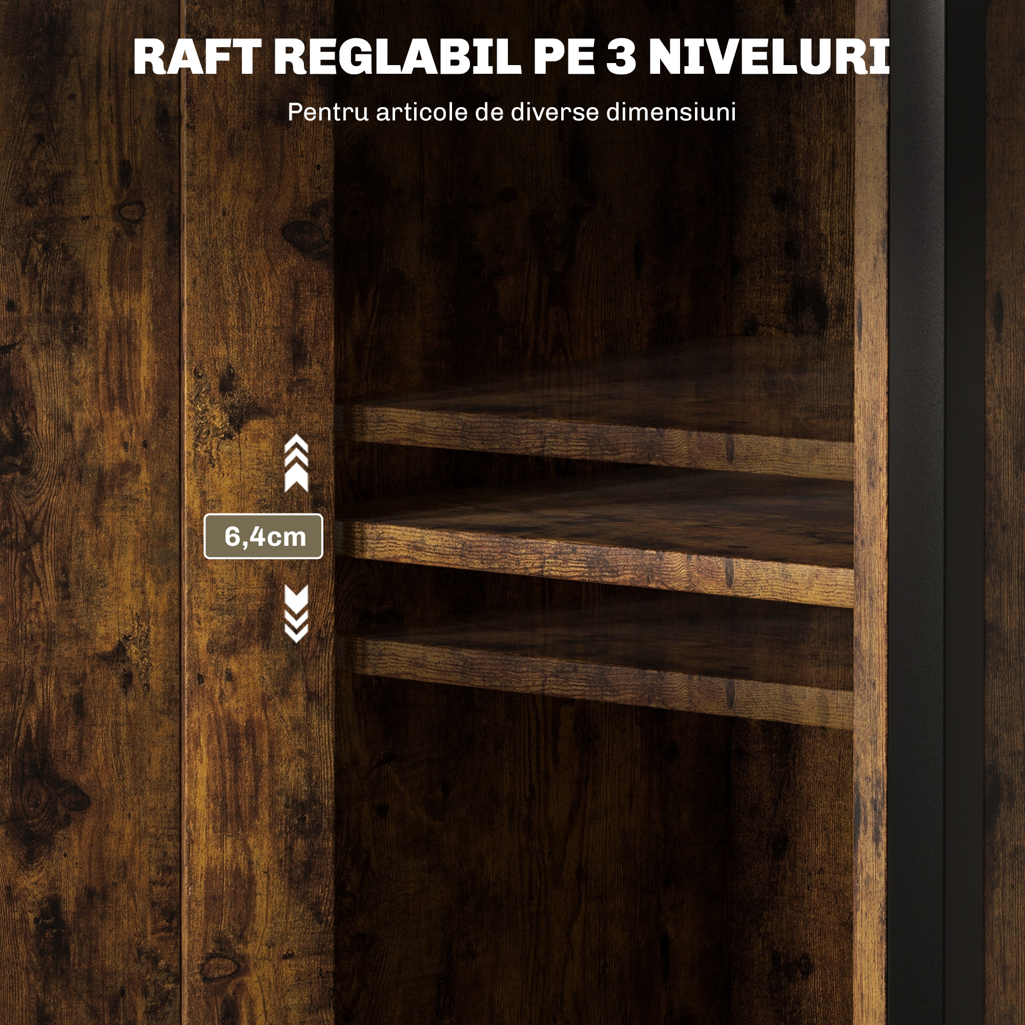  Noptiera in Stil Industrial cu 2 Rafturi Deschise si Raft Interior Reglabil pe 3 Nivele, 34x30x80 cm, Maro Rustic [4]