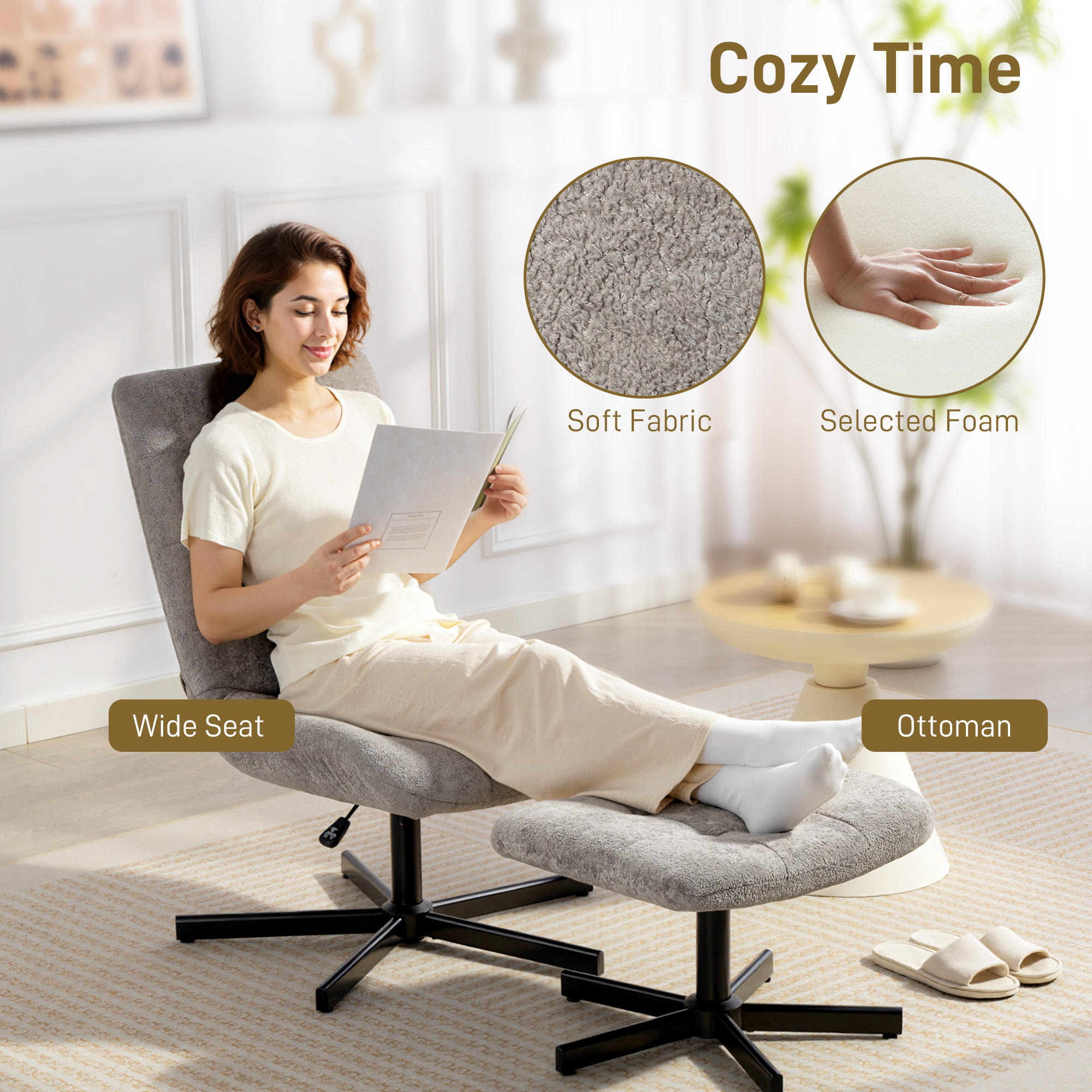  Fotoliu Reclinabil cu 4 Niveluri si Suport pentru Picioare Independent, Material Catifelat, 66x80x93-104 cm, Gri [5]