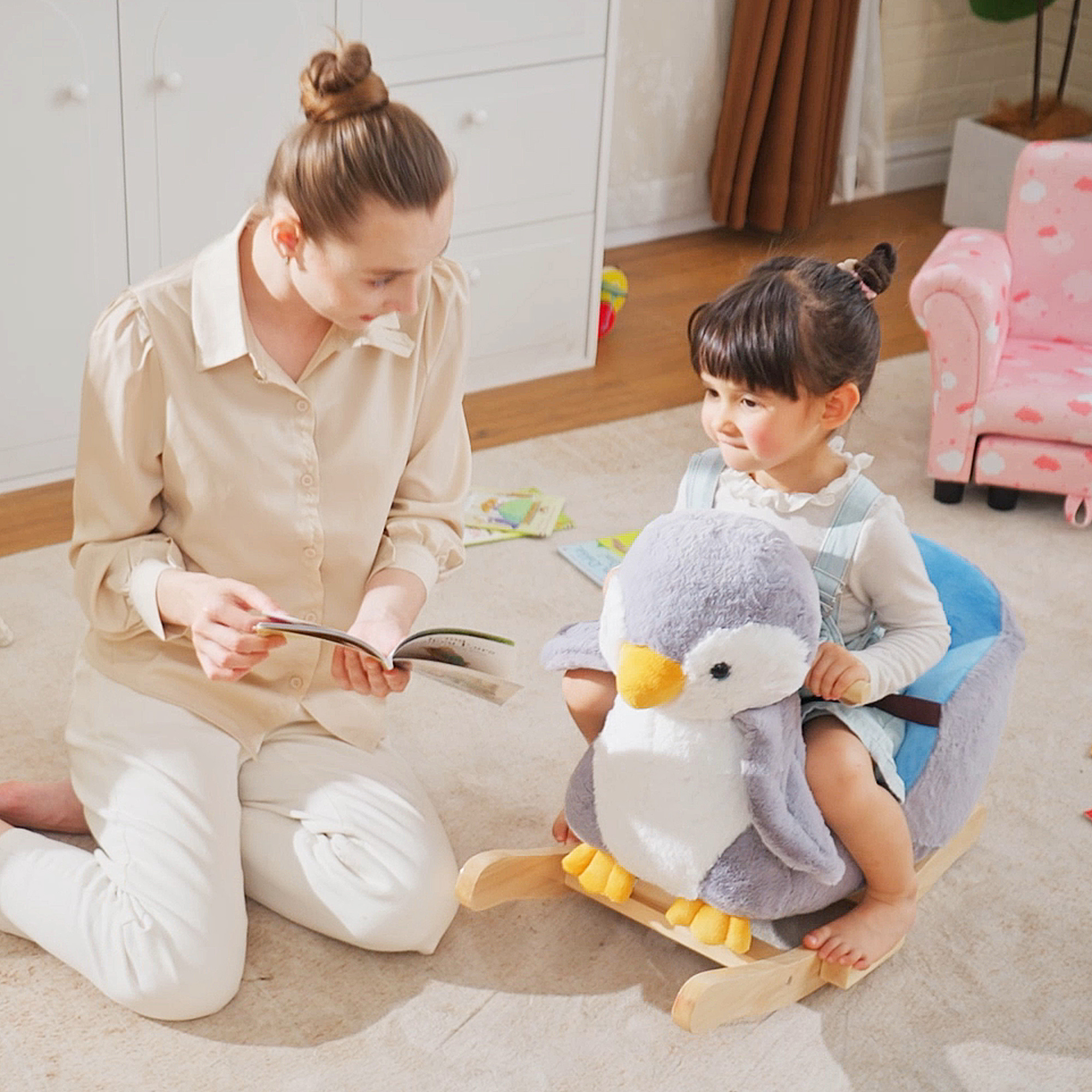  Balansoar Pinguin din Plus cu Melodii si Centura de Siguranta, Balansoar pentru Copii, 60x33x50 cm, Gri [2]