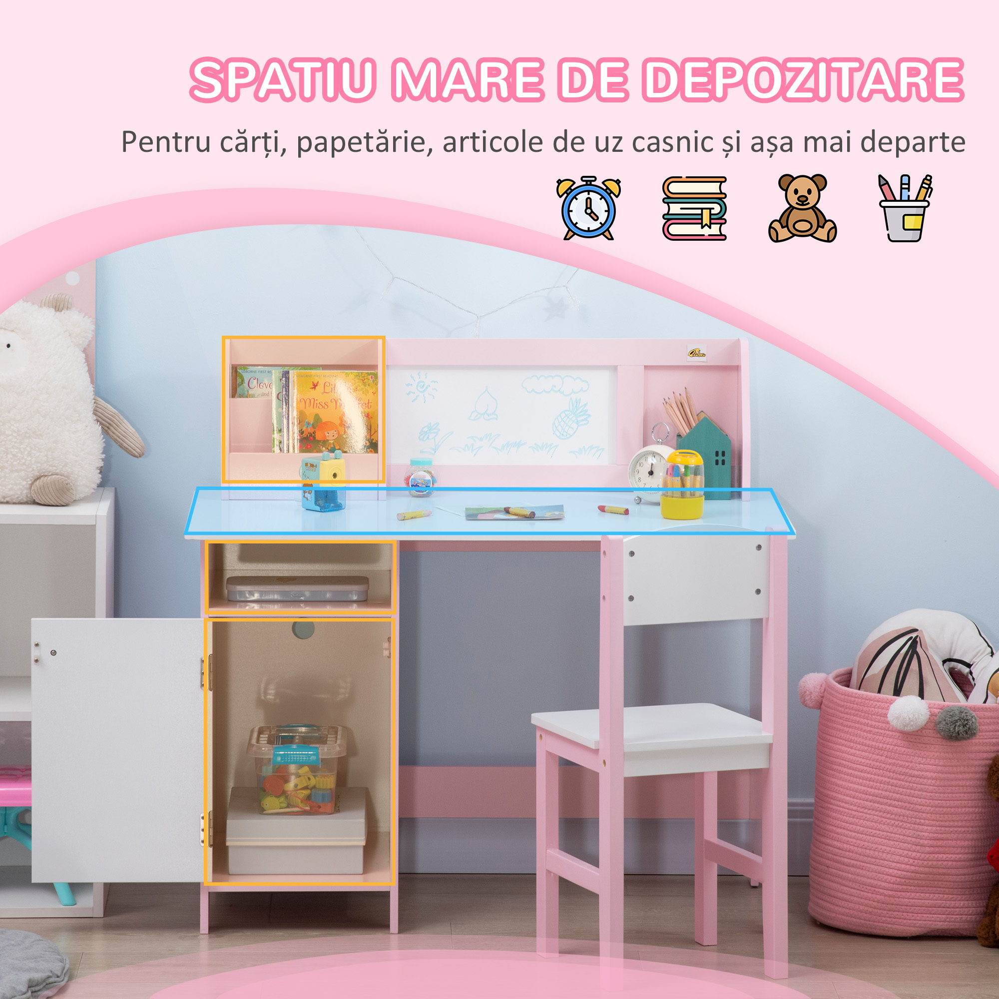  Set Masa si Scaune pentru Copii 5-8 Ani cu Spatiu de Depozitare, Tabla si Scaun, 90x45x85 cm, Roz [3]