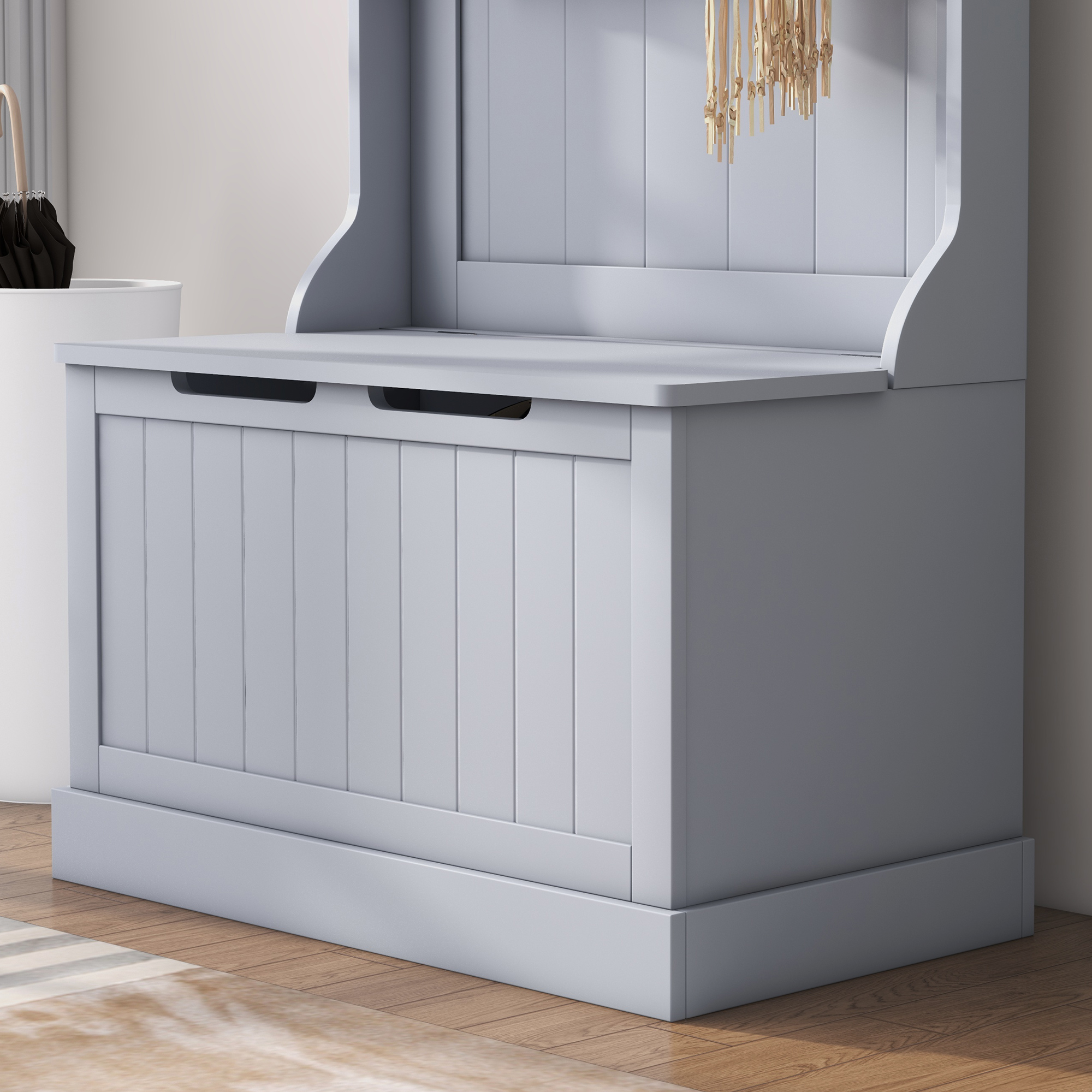  Cuier 3 in 1 cu 4 carlige si banca cu spatiu de depozitare, din lemn, 71,5x39,5x170 cm, gri [8]