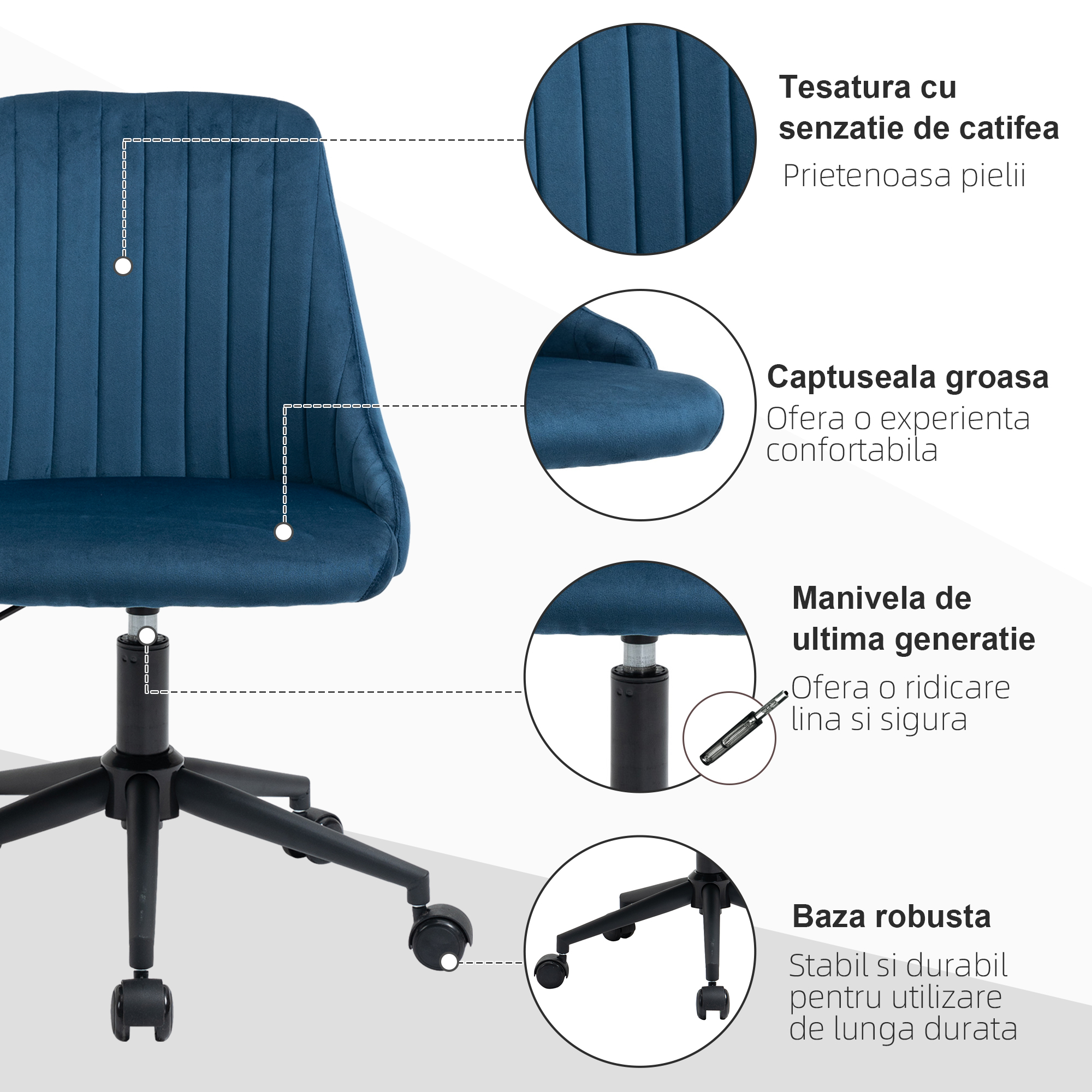  Scaun Birou Catifea Albastru - Reglabil & Pivotant 360° [6]