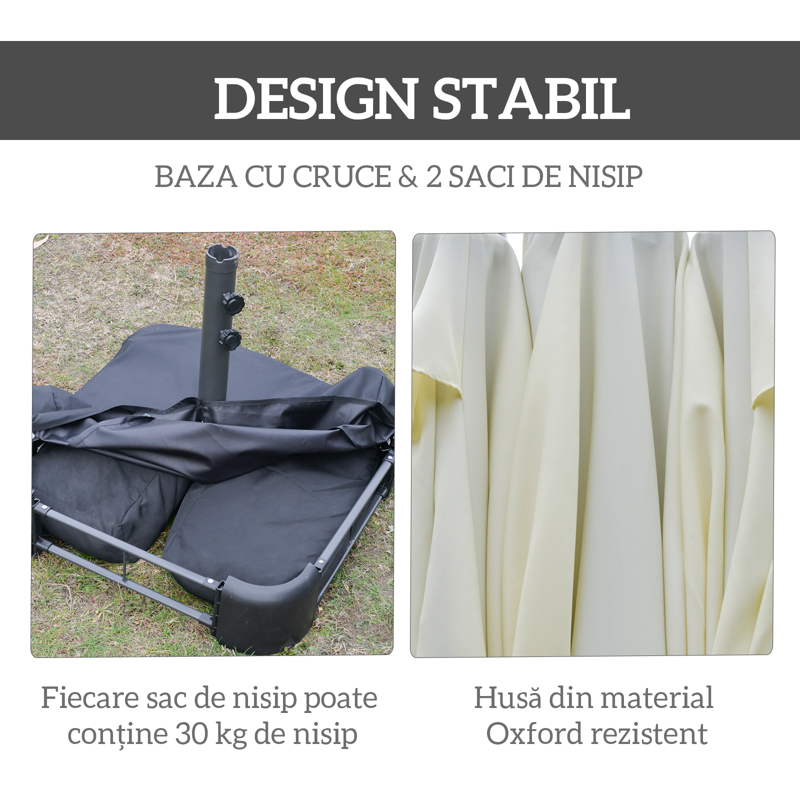  Umbrela Dubla cu 12 Spite, Baza in Cruce si Manivela, din Otel si Poliester, 455x265x238 cm, Bej [6]