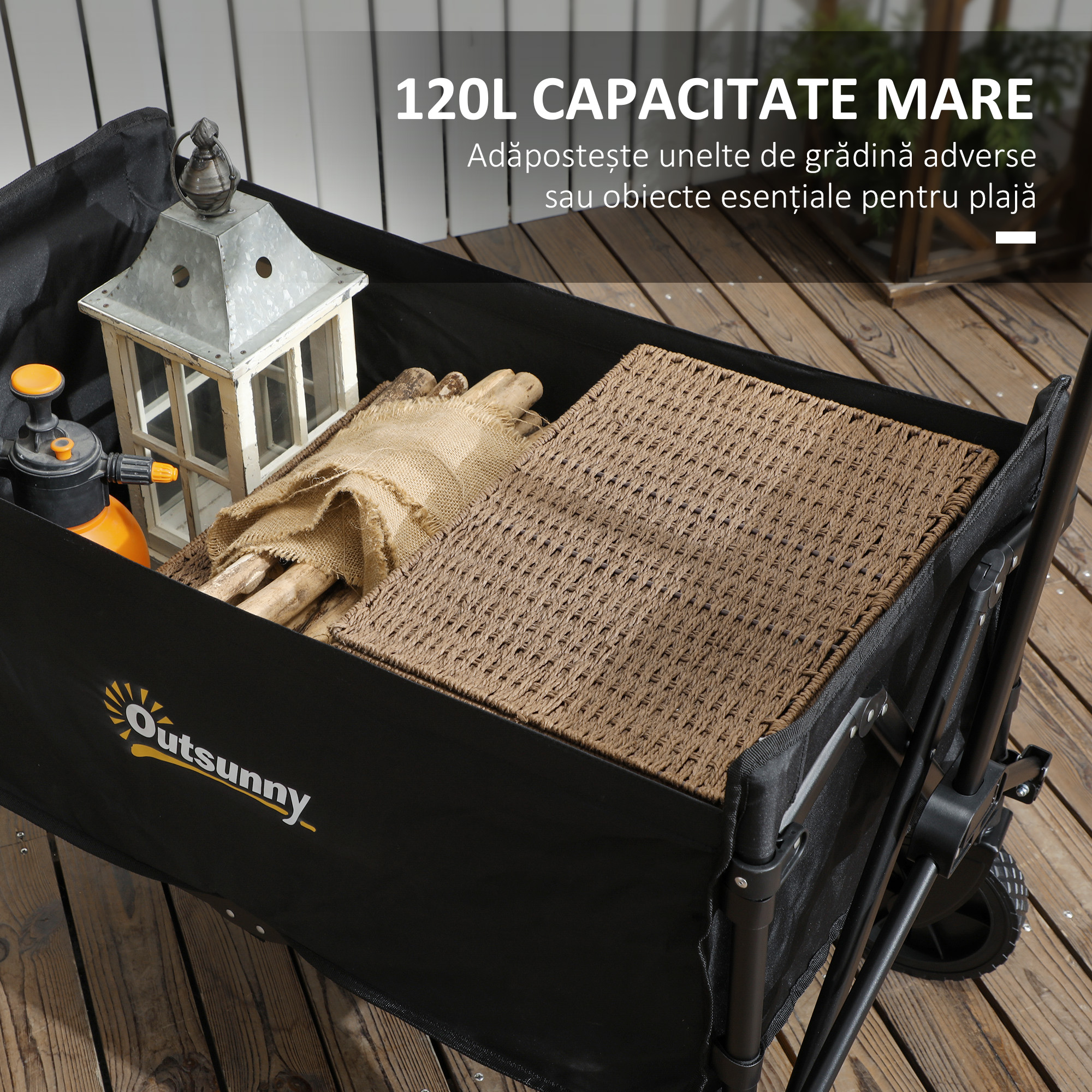  Carucior Pliabil pentru Gradina cu Roti si Maner Reglabil,  90x48x62 cm, Negru [3]