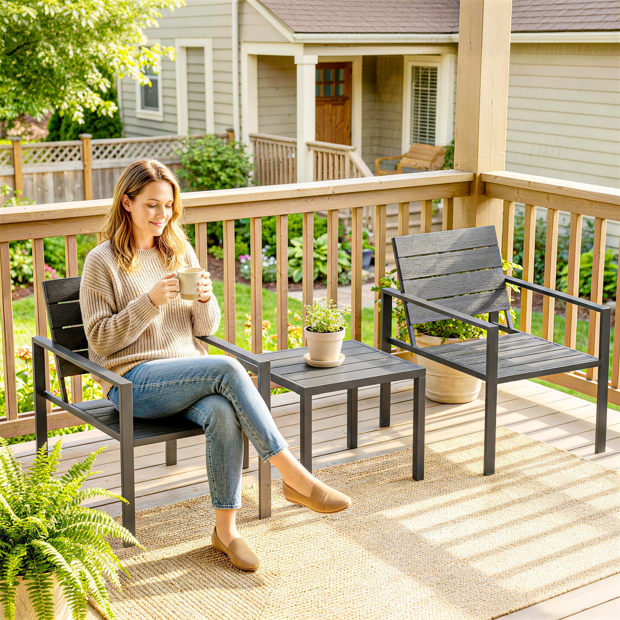  Set de Gradina 3 piese cu 2 Scaune de Exterior si Masuta de Cafea, din HDPE si Metal, Gri inchis [1]