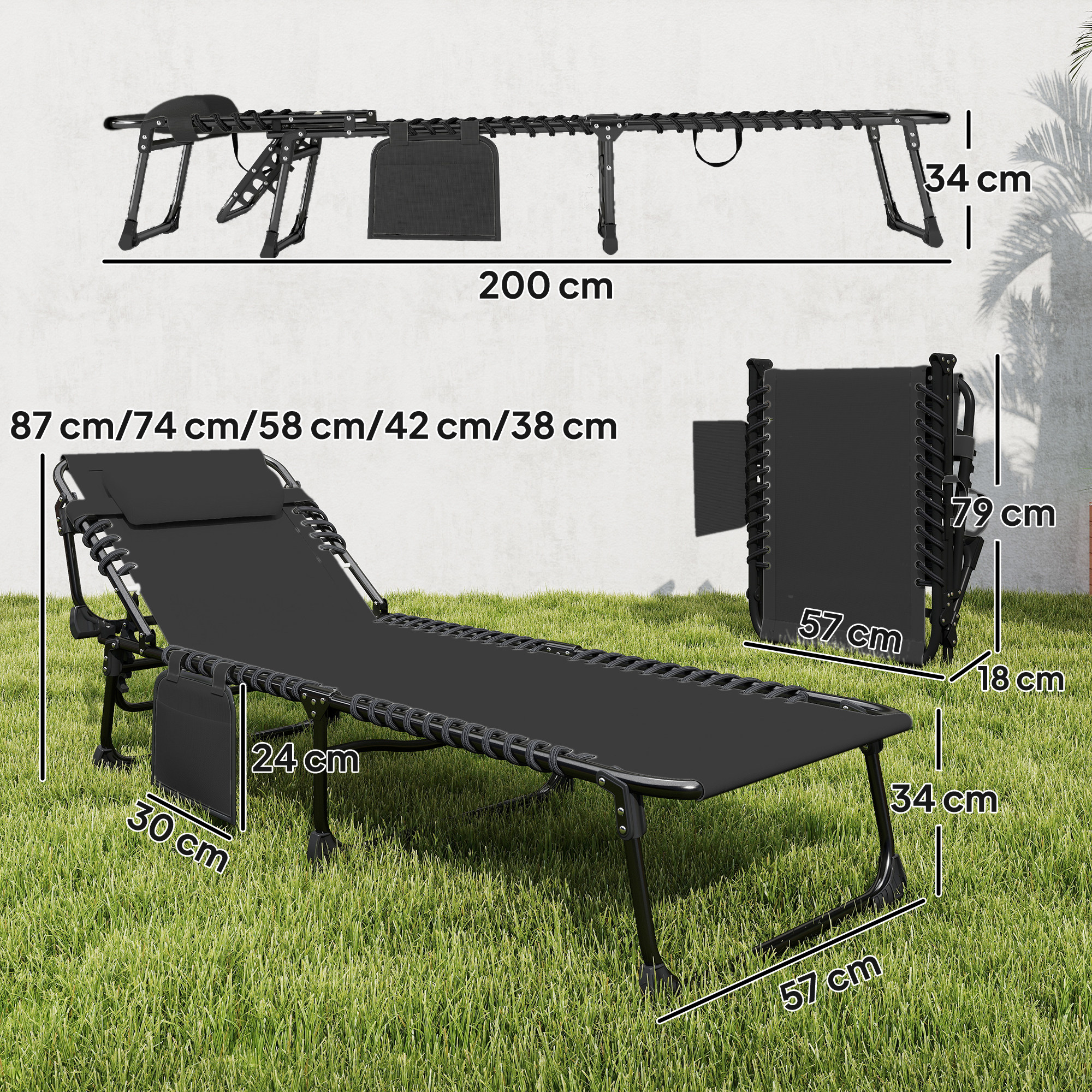  Set de 2 sezlonguri de Gradina Pliabile, Reglabile pe 5 Niveluri, cu Perne, sezlonguri Textilena cu Buzunar Lateral, Maner, pentru Plaja, Piscina, 57x200x38 cm, Negru [2]