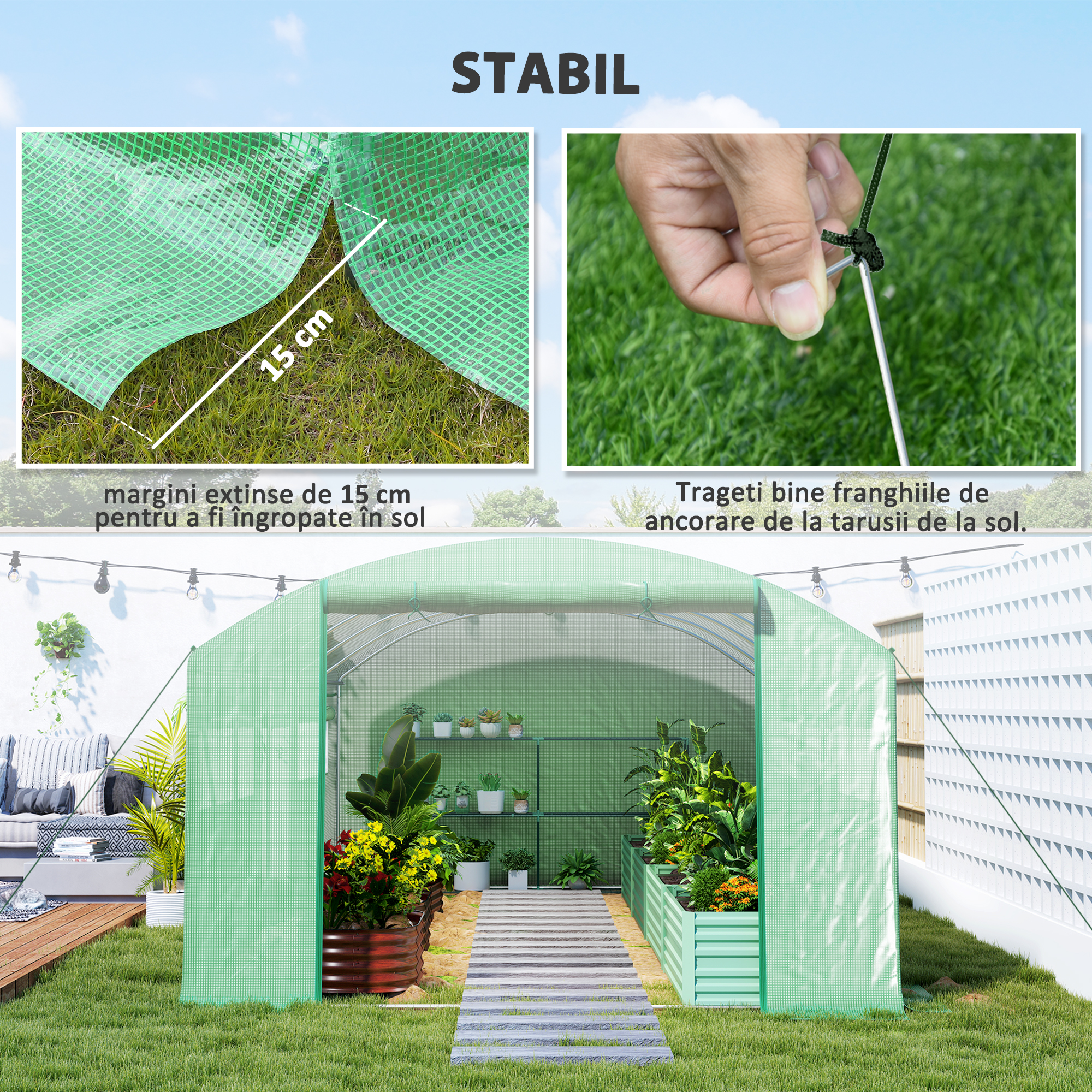  Sera tip tunel cu 3 usi rulabile si 6 ferestre, din otel galvanizat si PE, 6x3x2 m, verde [7]