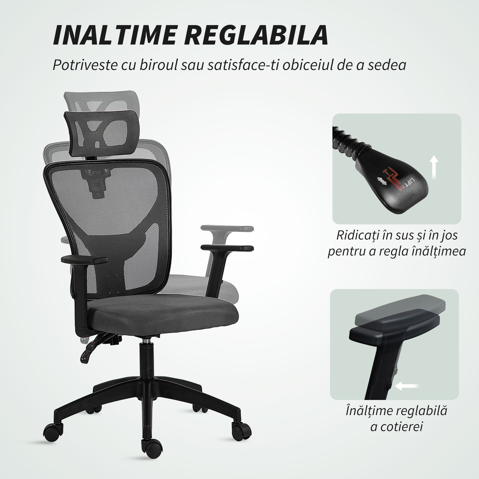  Scaun de birou ergonomic si reglabil cu suport lombar si tetiera, 66x61x106-116 cm, gri [3]