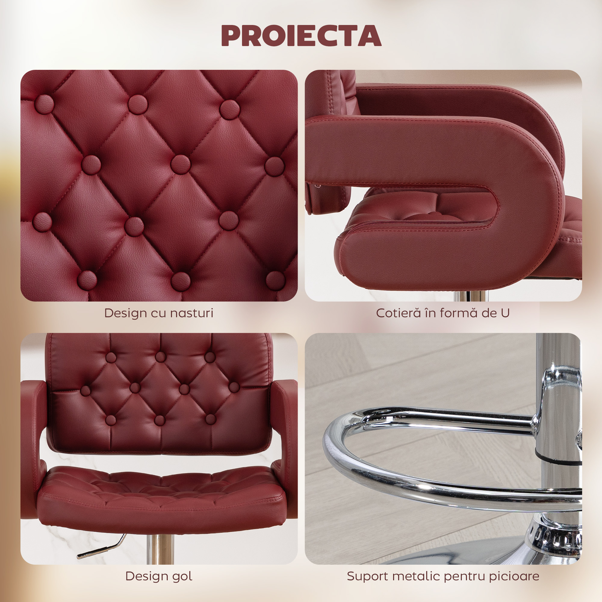  Scaun de Bar cu inaltime Reglabila, Scaun de Bucatarie inalt din PU cu Spatar, Suport pentru Picioare, Cotiere si sezut Confortabil, Structura Metalica, Rotativ la 360°, pentru Insula, Rosu Vin [6]