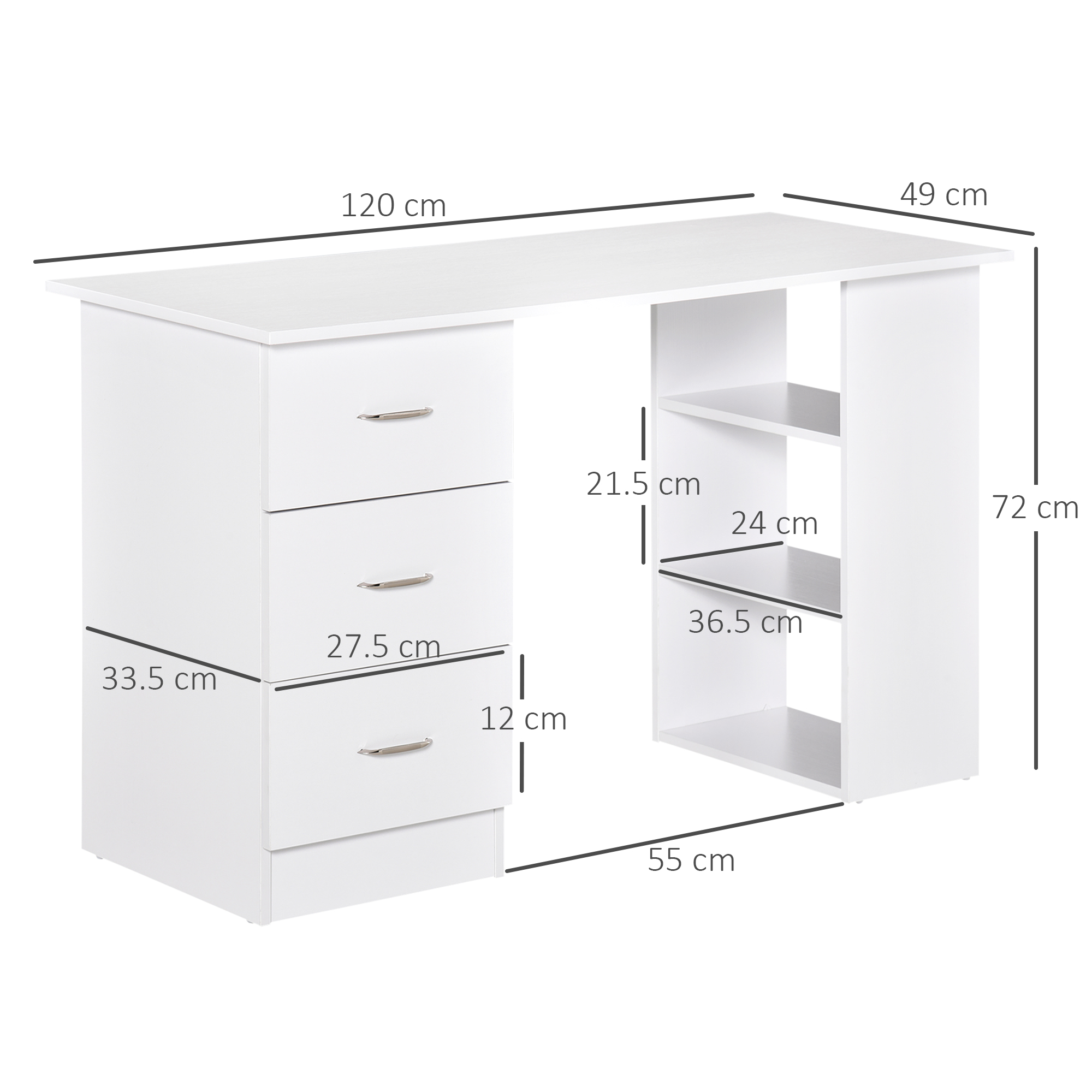  Birou modern cu 3 Sertare si Rafturi in Lemn Alb 120x49x72cm [2]