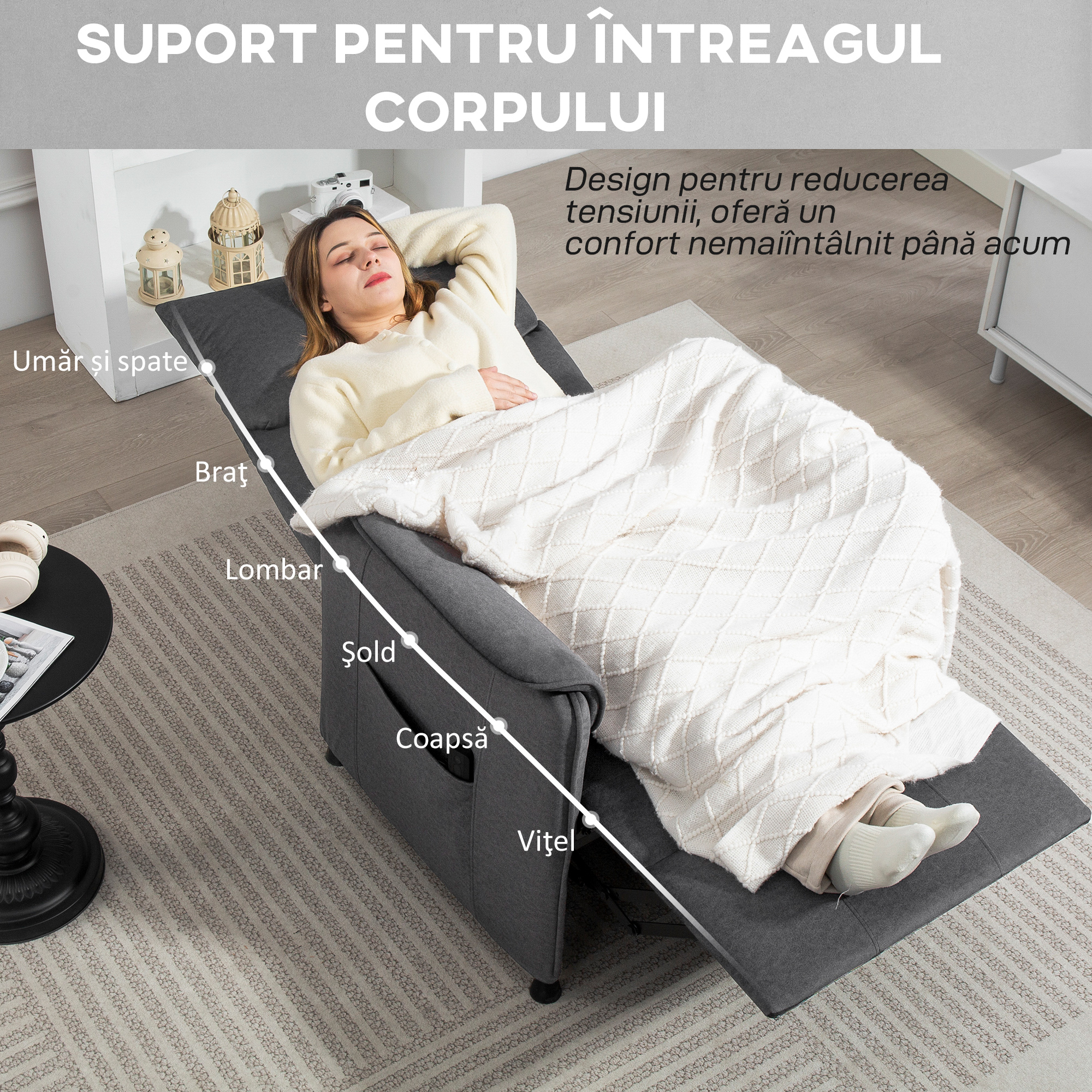  Fotoliu Electric Reclinabil cu Telecomanda si Suport pentru Picioare, din tesatura cu Aspect de Catifea, 80x83x104 cm, Negru [8]