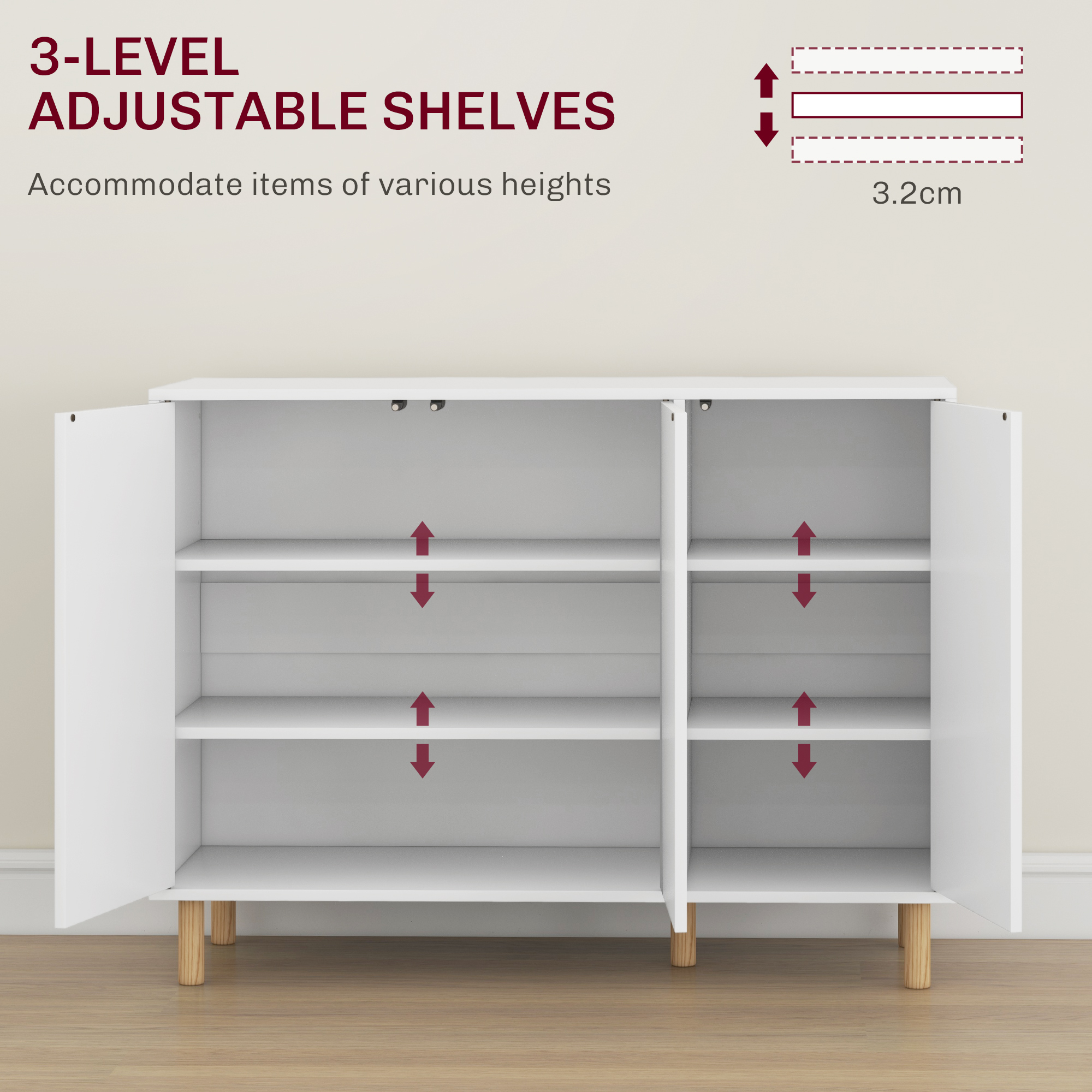  Bufet Modern cu 2 Dulapuri si 3 Rafturi, Mobilier Multifunctional din Lemn, 107x40x80 cm, Alb [3]