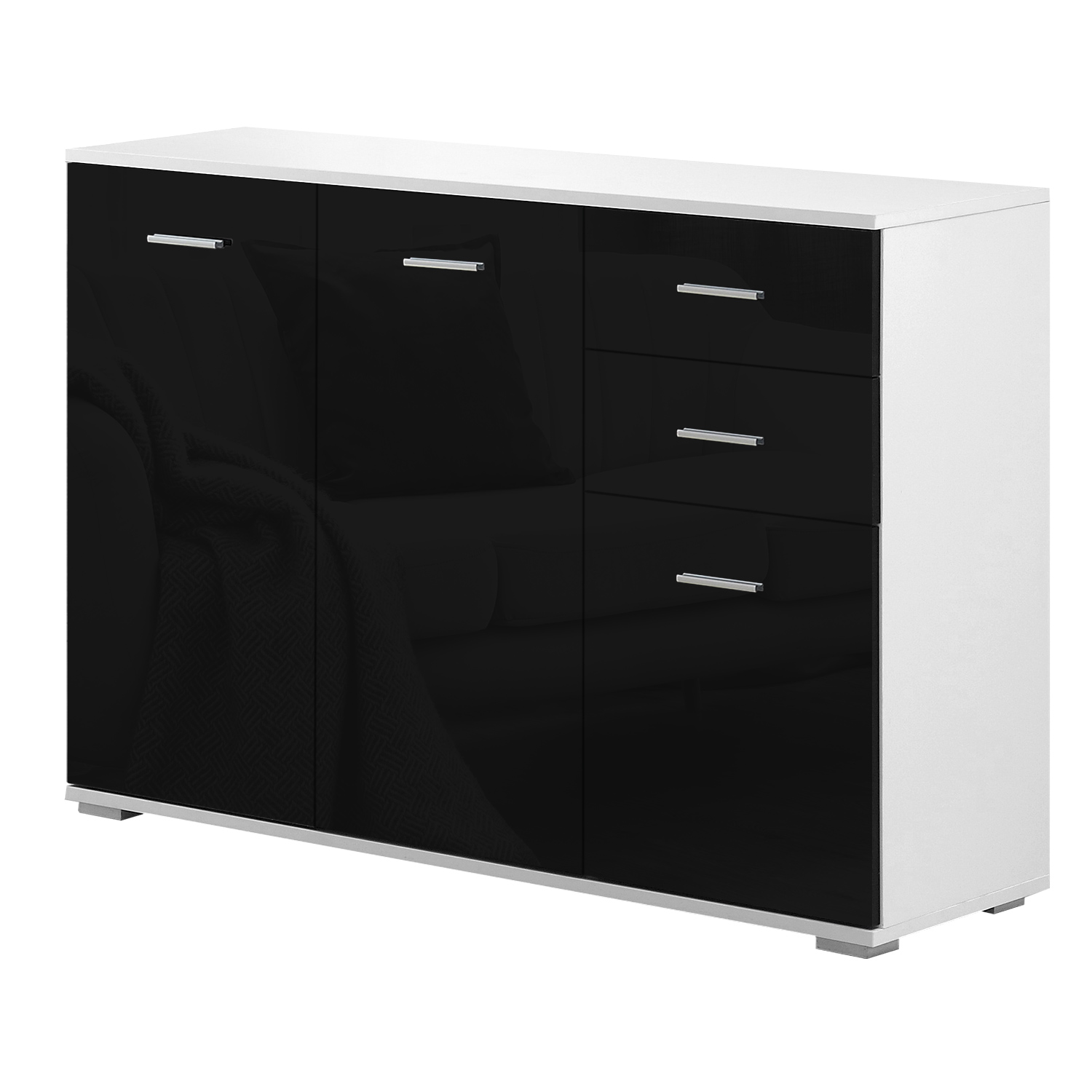 Bucatarie -  Dulapior-consola cu Usi si Sertare Negru Lucios 106 x 76 x 35 cm