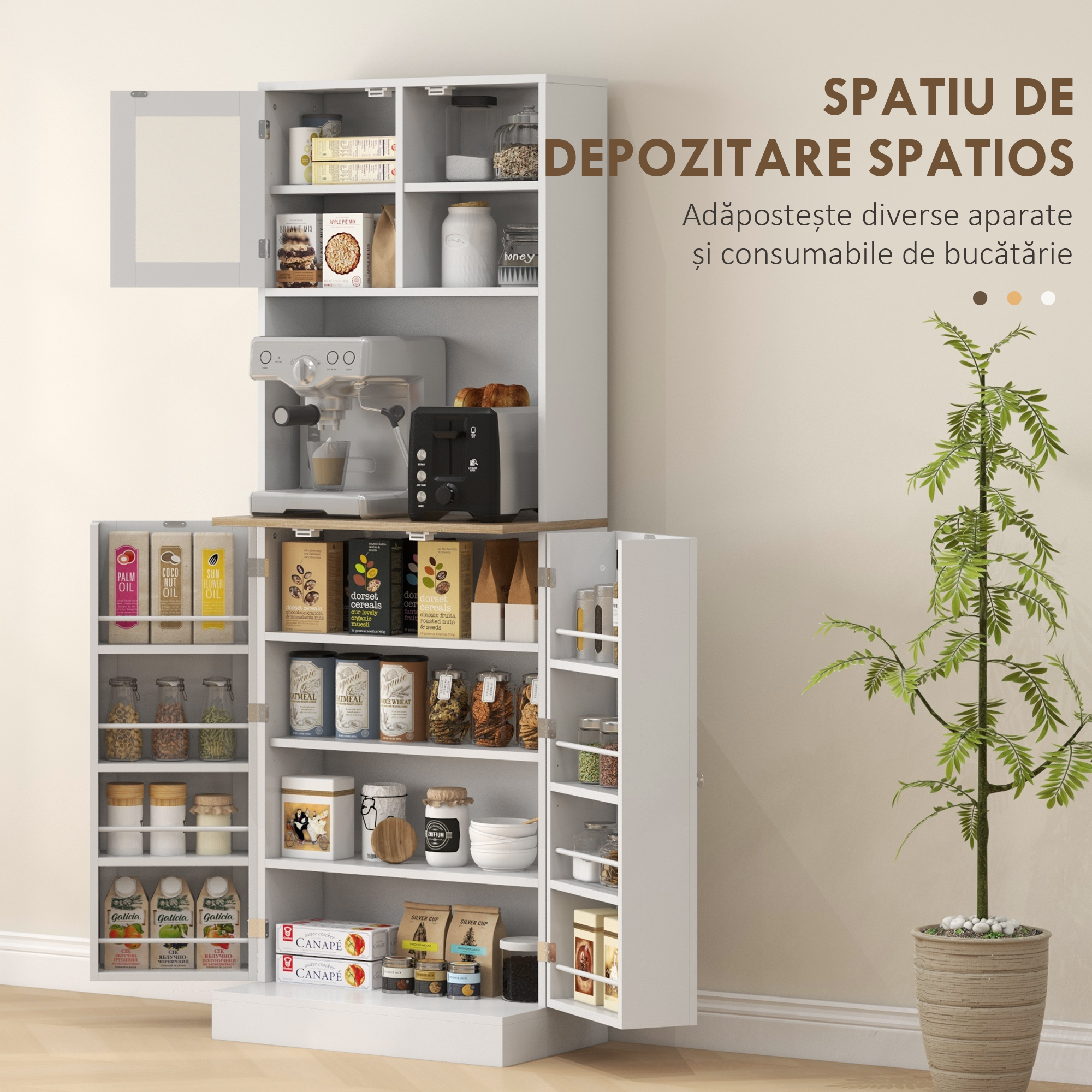  Dulap de Bucatarie pentru Cuptor cu Microunde cu Rafturi Deschise si Dulap cu Suport pentru Condimente, 60x35x169 cm, Alb [3]